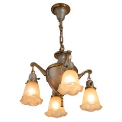4 Arm Antique Chandelier, Silver Finish, with Iridescent Shades, circa 1920