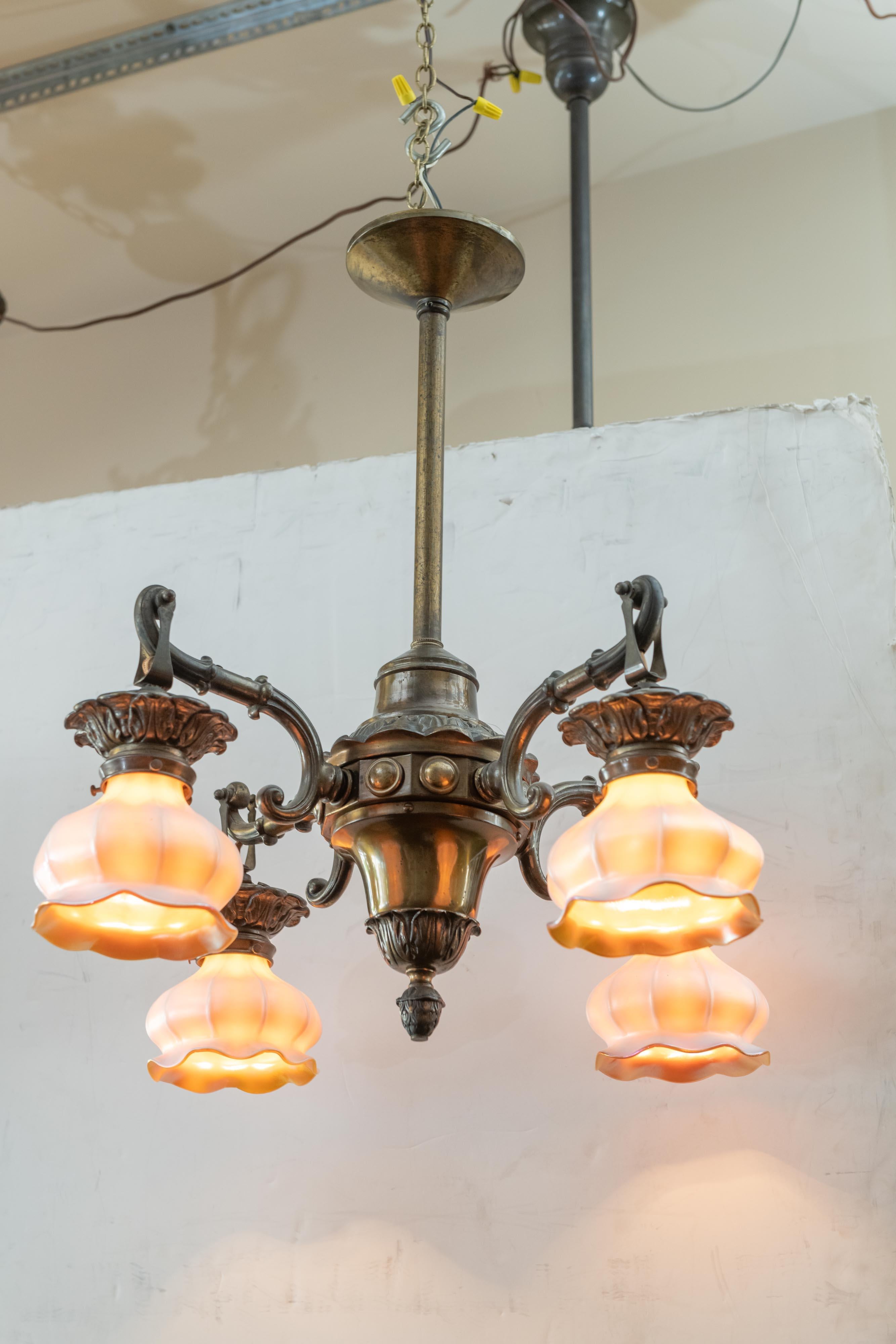 American 4-Arm Arts and Crafts Chandelier with 4 Steuben Art Glass Shades, circa 1910