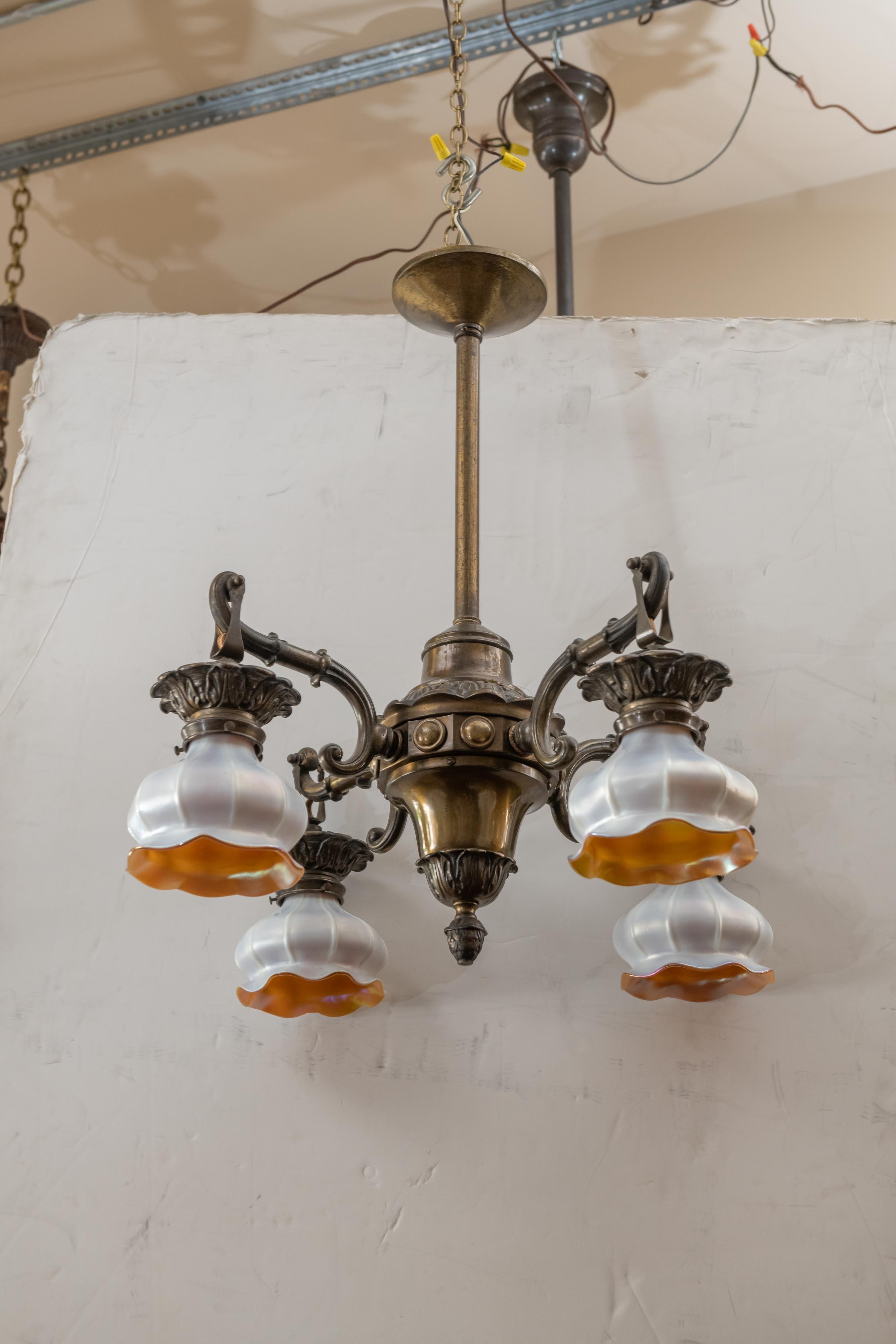 Hand-Crafted 4-Arm Arts and Crafts Chandelier with 4 Steuben Art Glass Shades, circa 1910