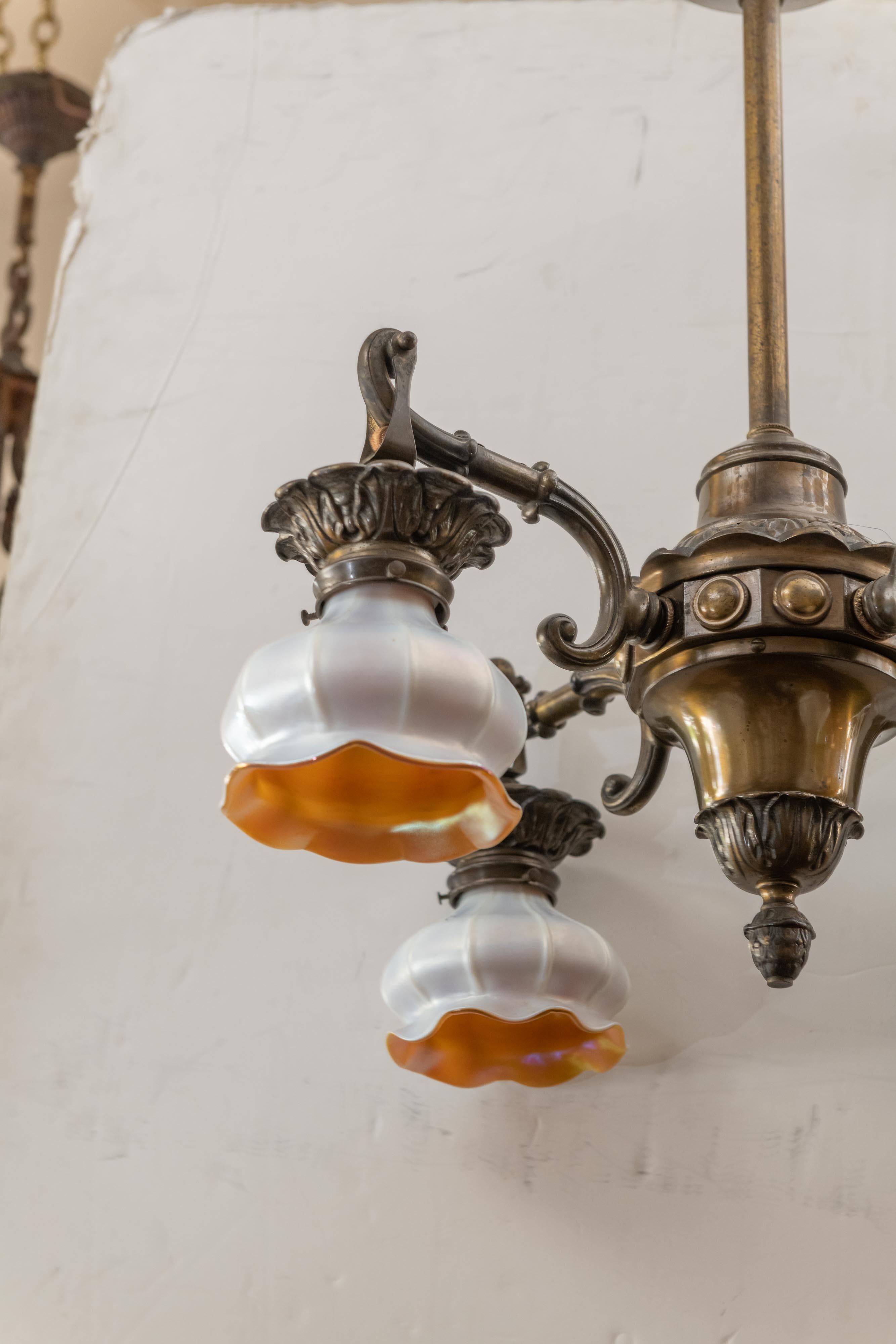 4-Arm Arts and Crafts Chandelier with 4 Steuben Art Glass Shades, circa 1910 In Excellent Condition In Petaluma, CA