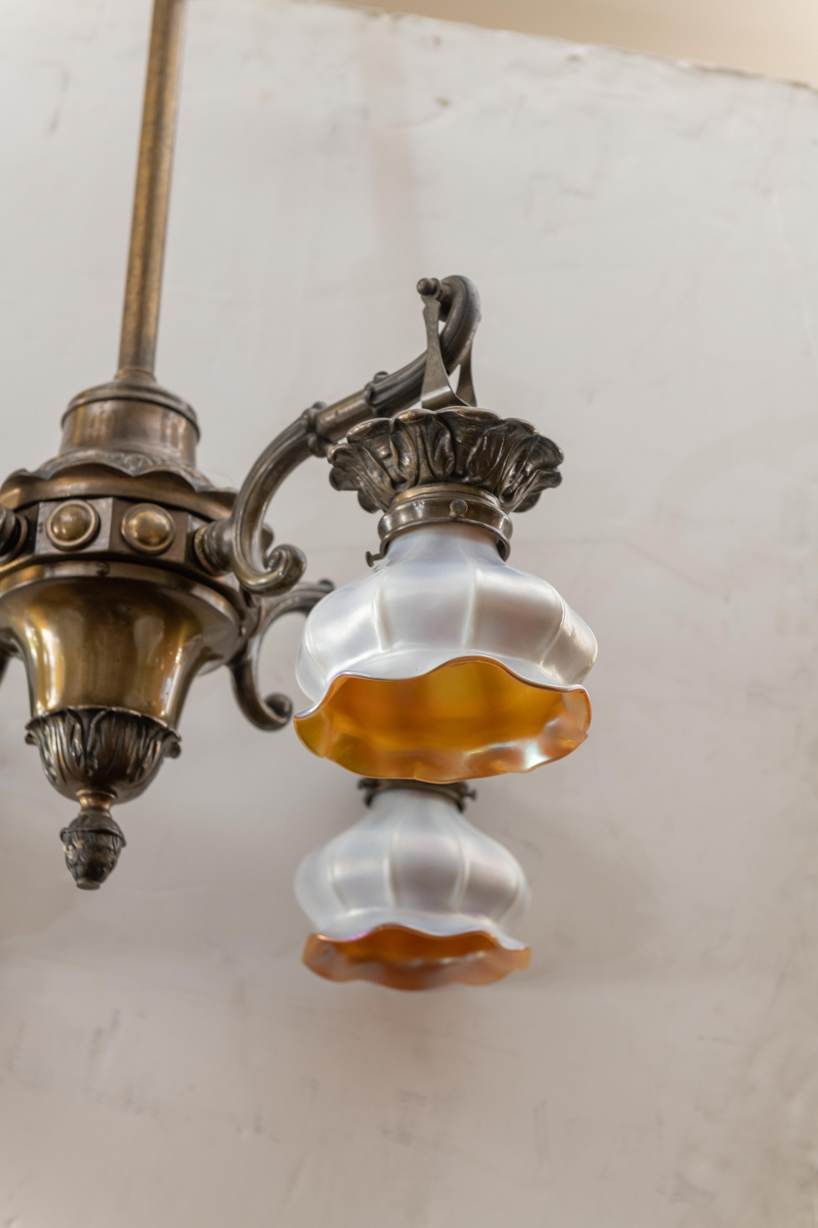 Early 20th Century 4-Arm Arts and Crafts Chandelier with 4 Steuben Art Glass Shades, circa 1910