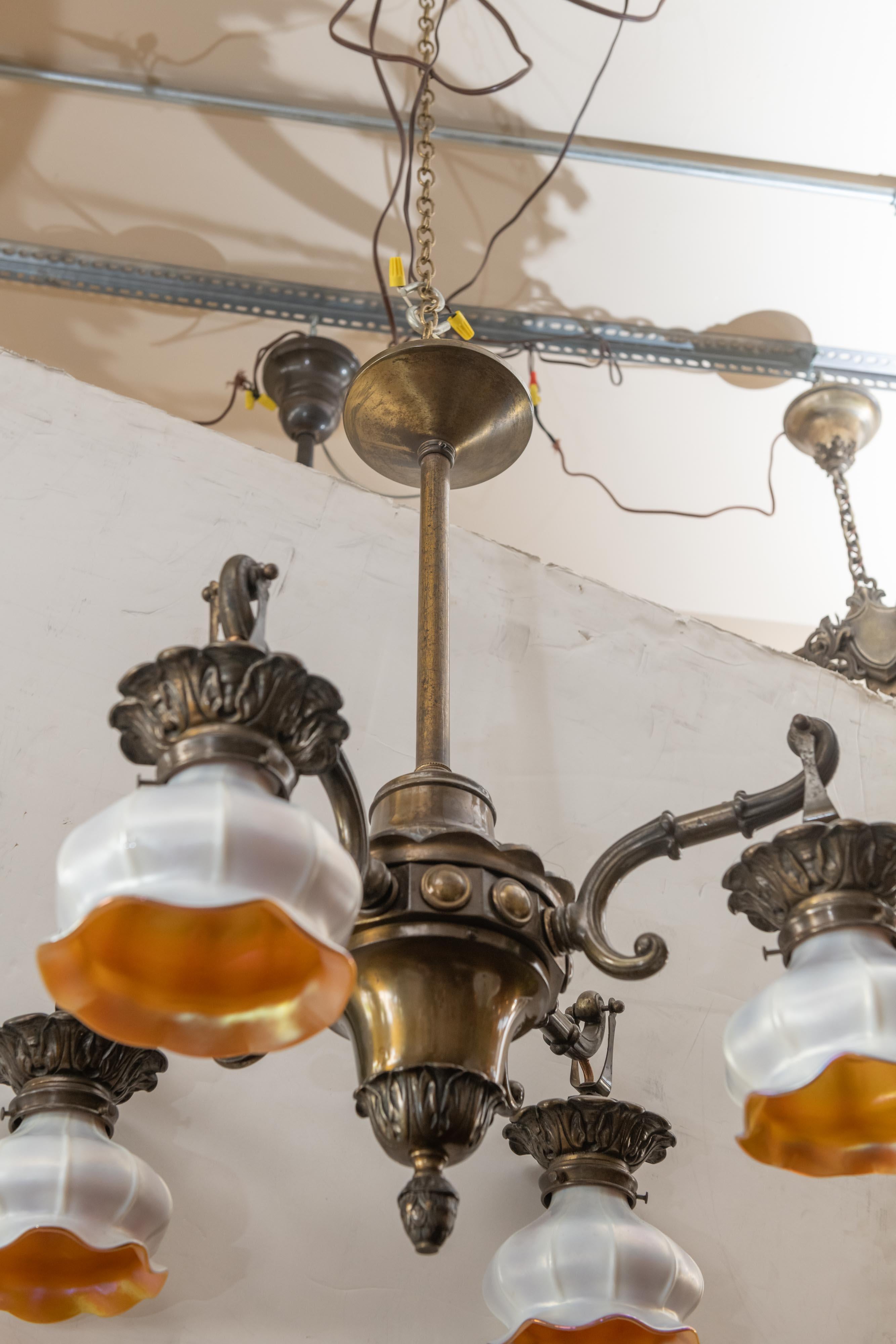 4-Arm Arts and Crafts Chandelier with 4 Steuben Art Glass Shades, circa 1910 2