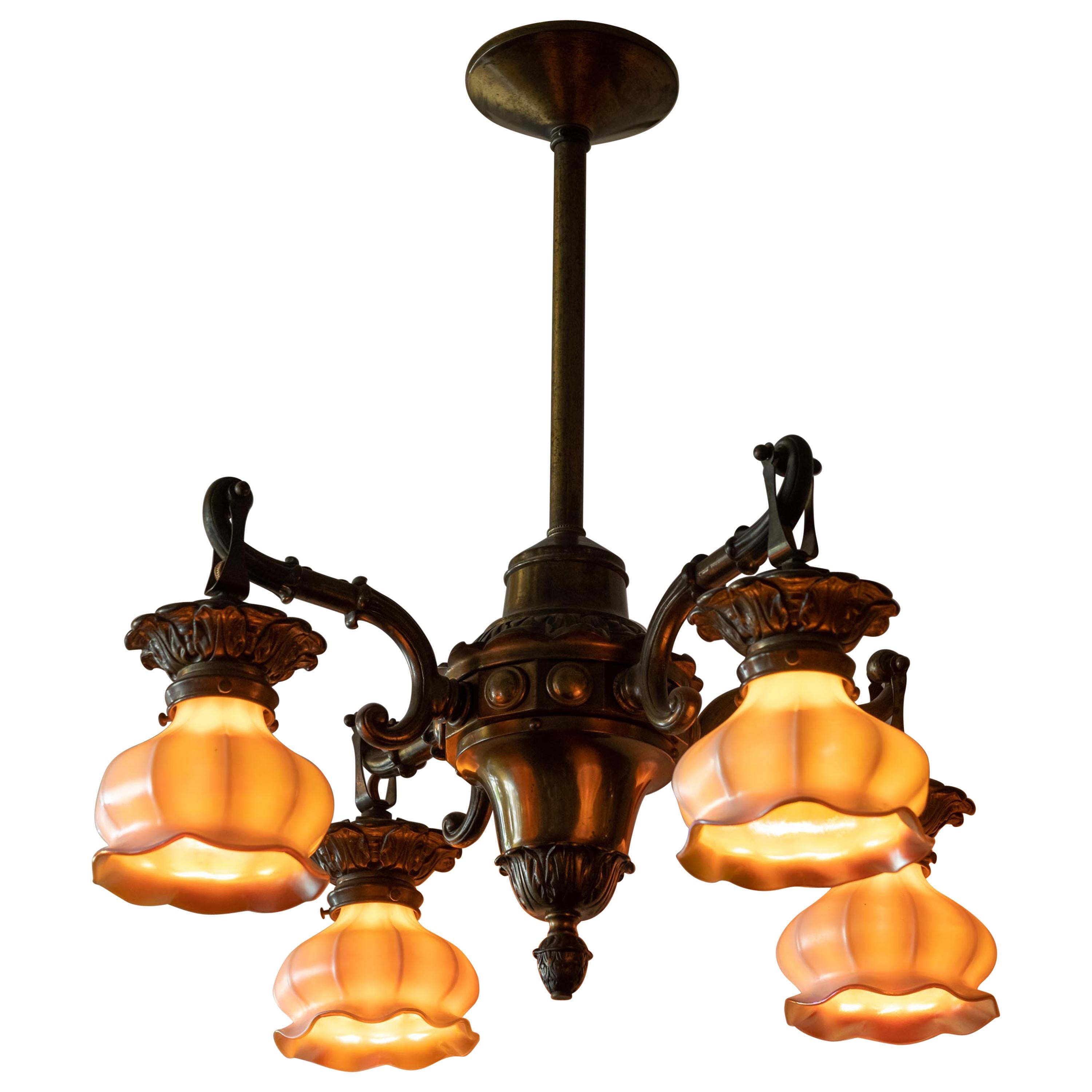 4-Arm Arts and Crafts Chandelier with 4 Steuben Art Glass Shades, circa 1910