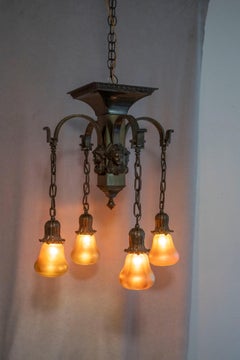 4 Arm Arts & Crafts Bronze Chandelier w/ Faces & Steuben Glass Shades ca. 1910