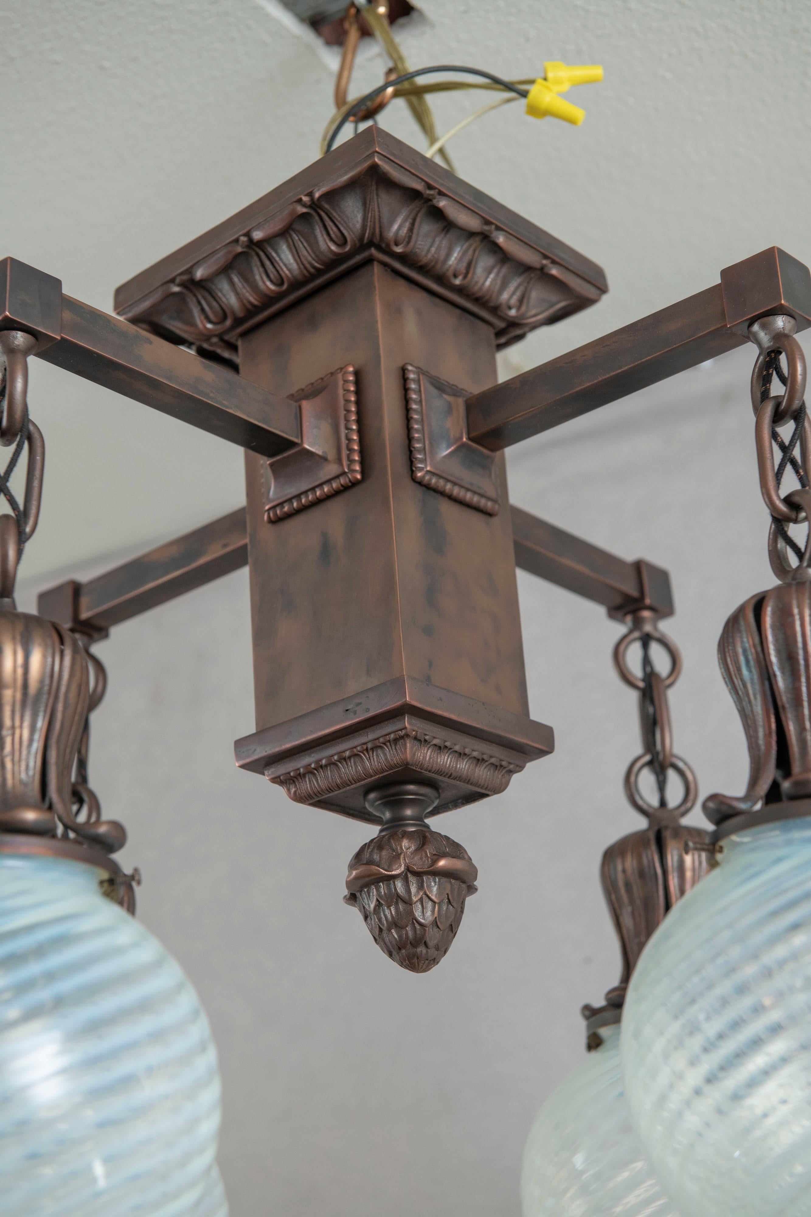 4 Arm Arts & Crafts Flush Mount Chandelier w/ 4 Hand Blown Glass Shades ca. 1910 2
