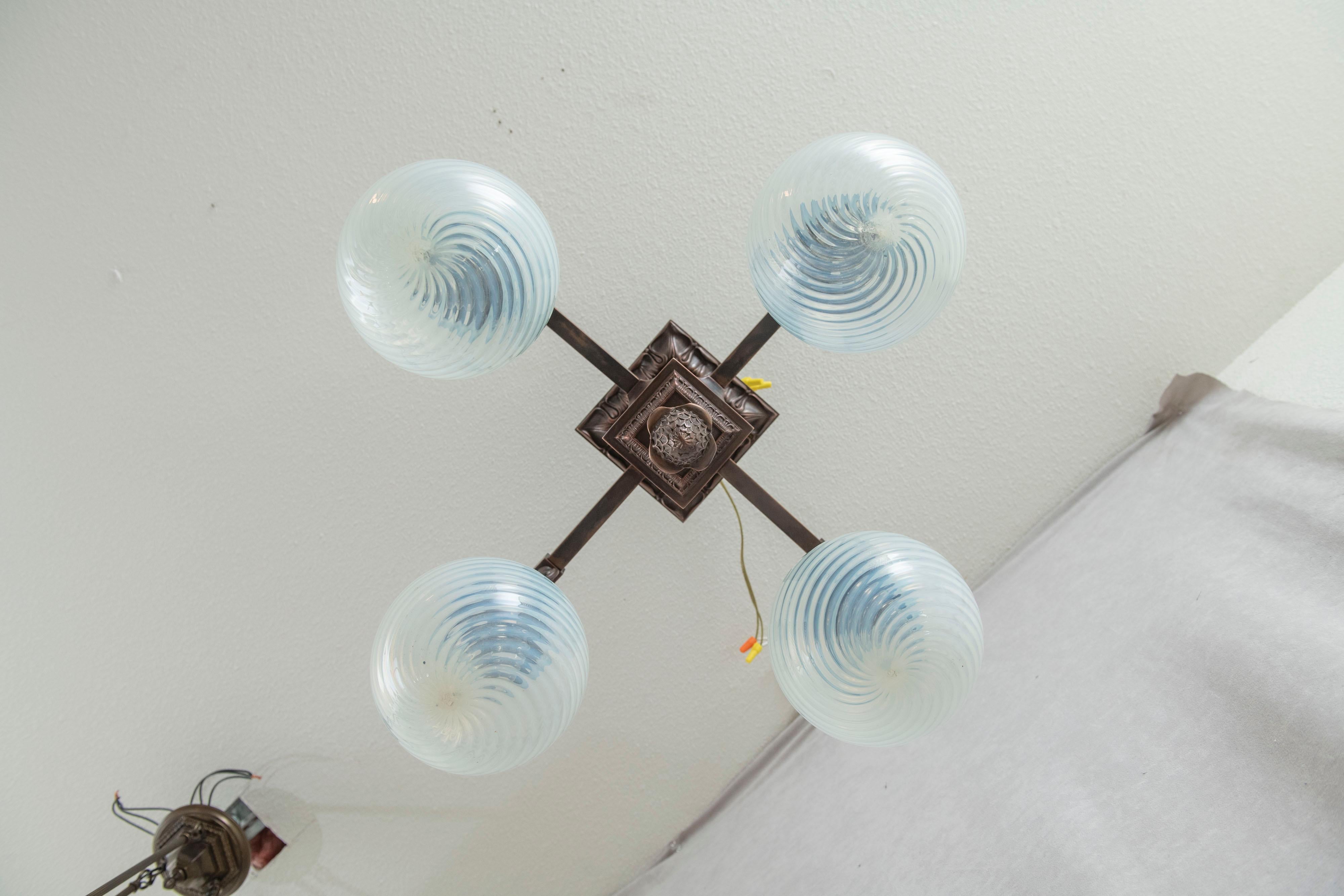 4 Arm Arts & Crafts Flush Mount Chandelier w/ 4 Hand Blown Glass Shades ca. 1910 3