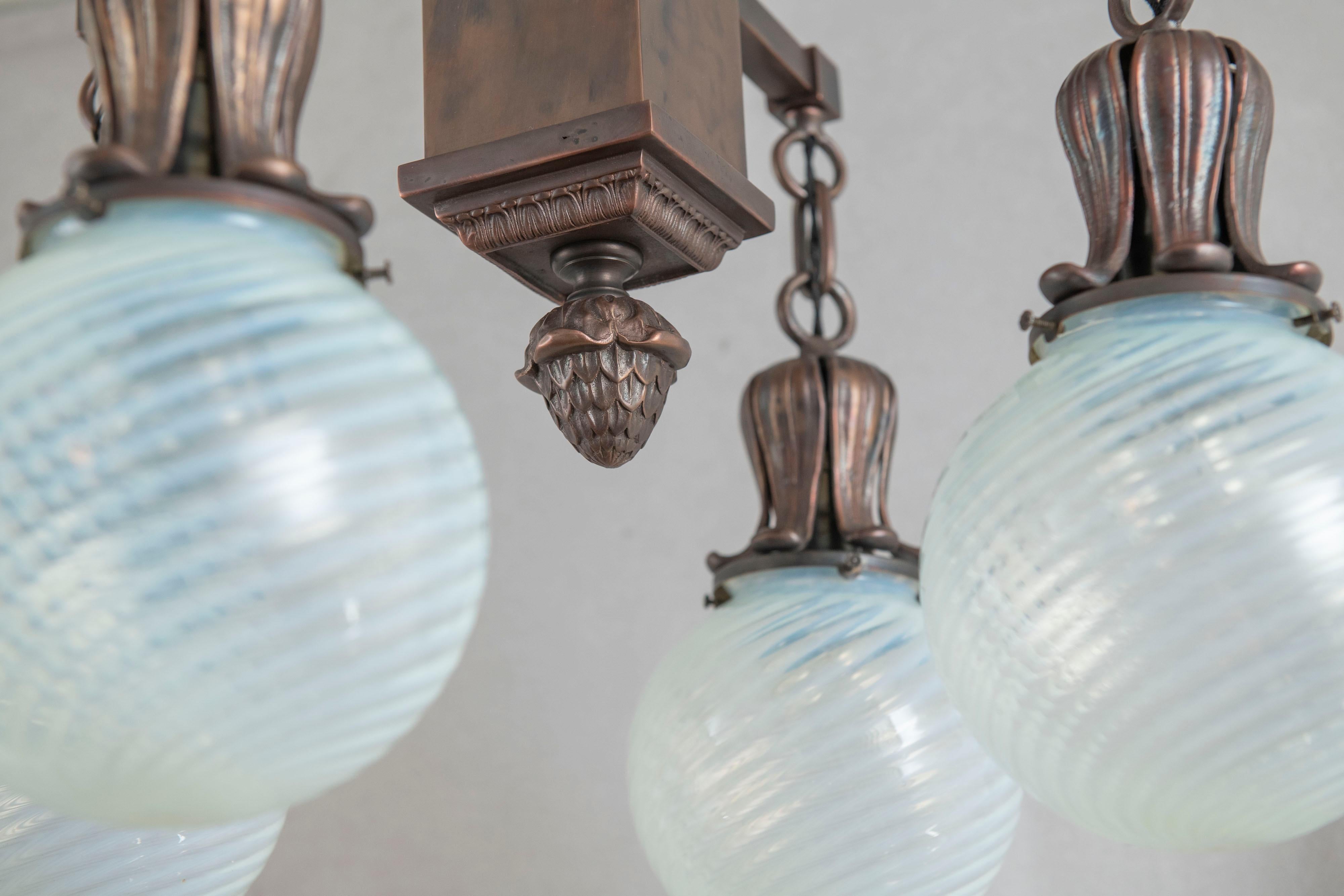 4 Arm Arts & Crafts Flush Mount Chandelier w/ 4 Hand Blown Glass Shades ca. 1910 4
