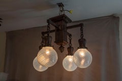 4 Arm Arts & Crafts Flush Mount Chandelier w/ 4 Hand Blown Glass Shades ca. 1910
