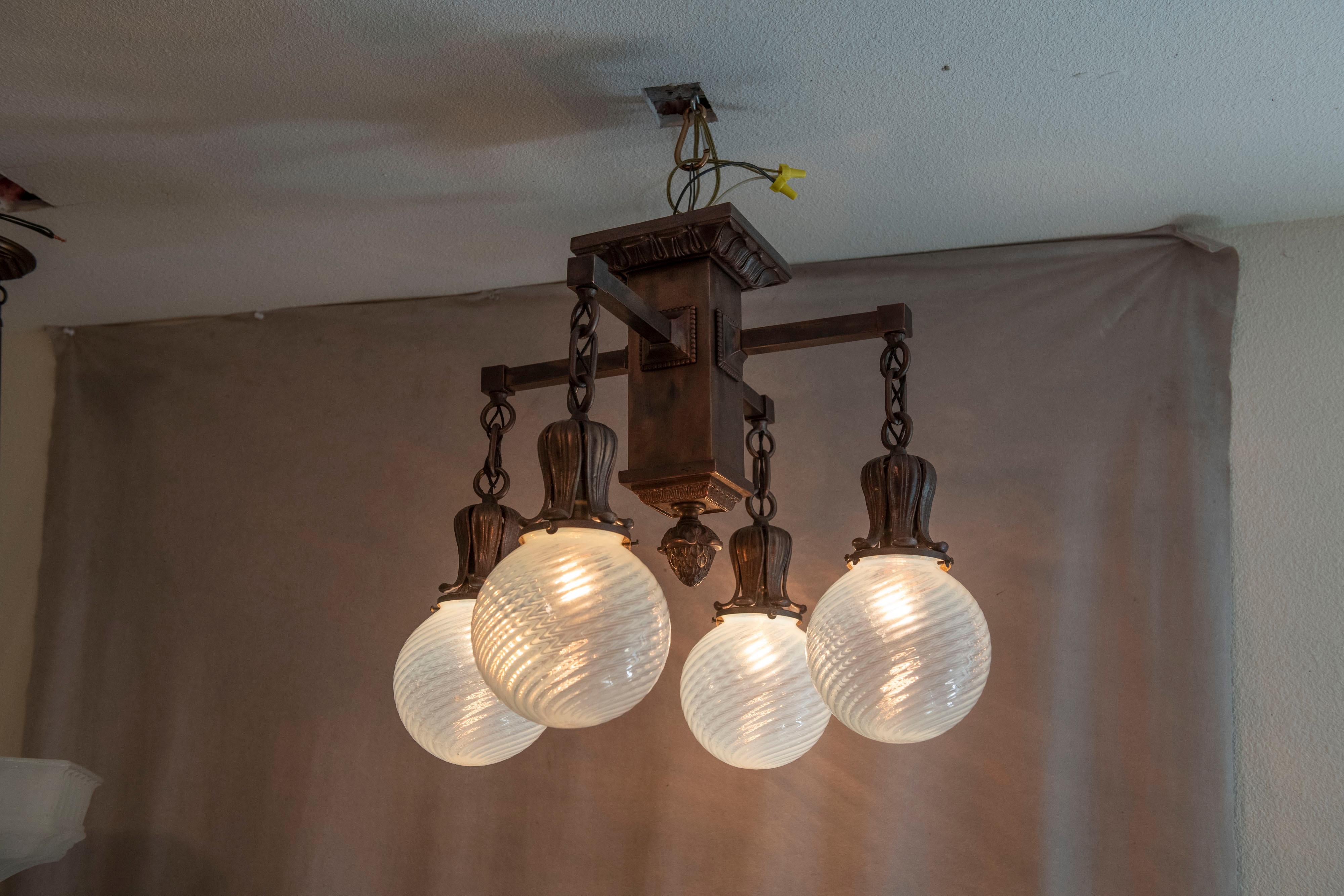 Arts and Crafts 4 Arm Arts & Crafts Flush Mount Chandelier w/ 4 Hand Blown Glass Shades ca. 1910