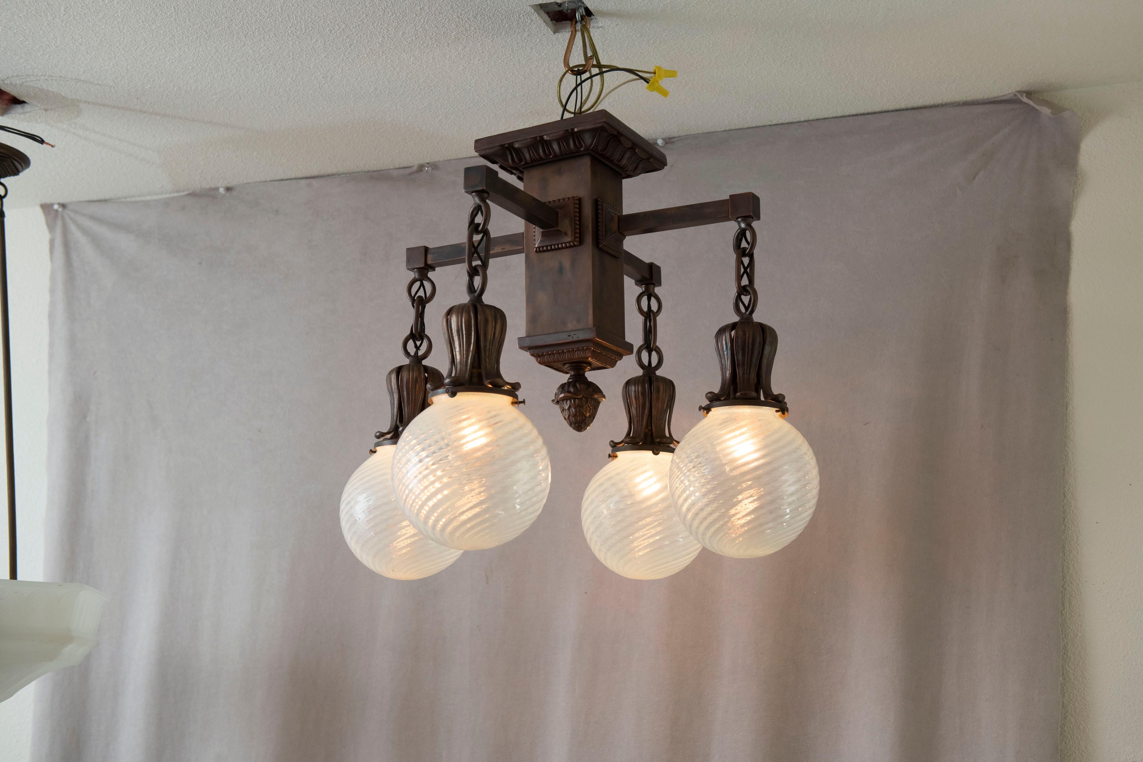 American 4 Arm Arts & Crafts Flush Mount Chandelier w/ 4 Hand Blown Glass Shades ca. 1910