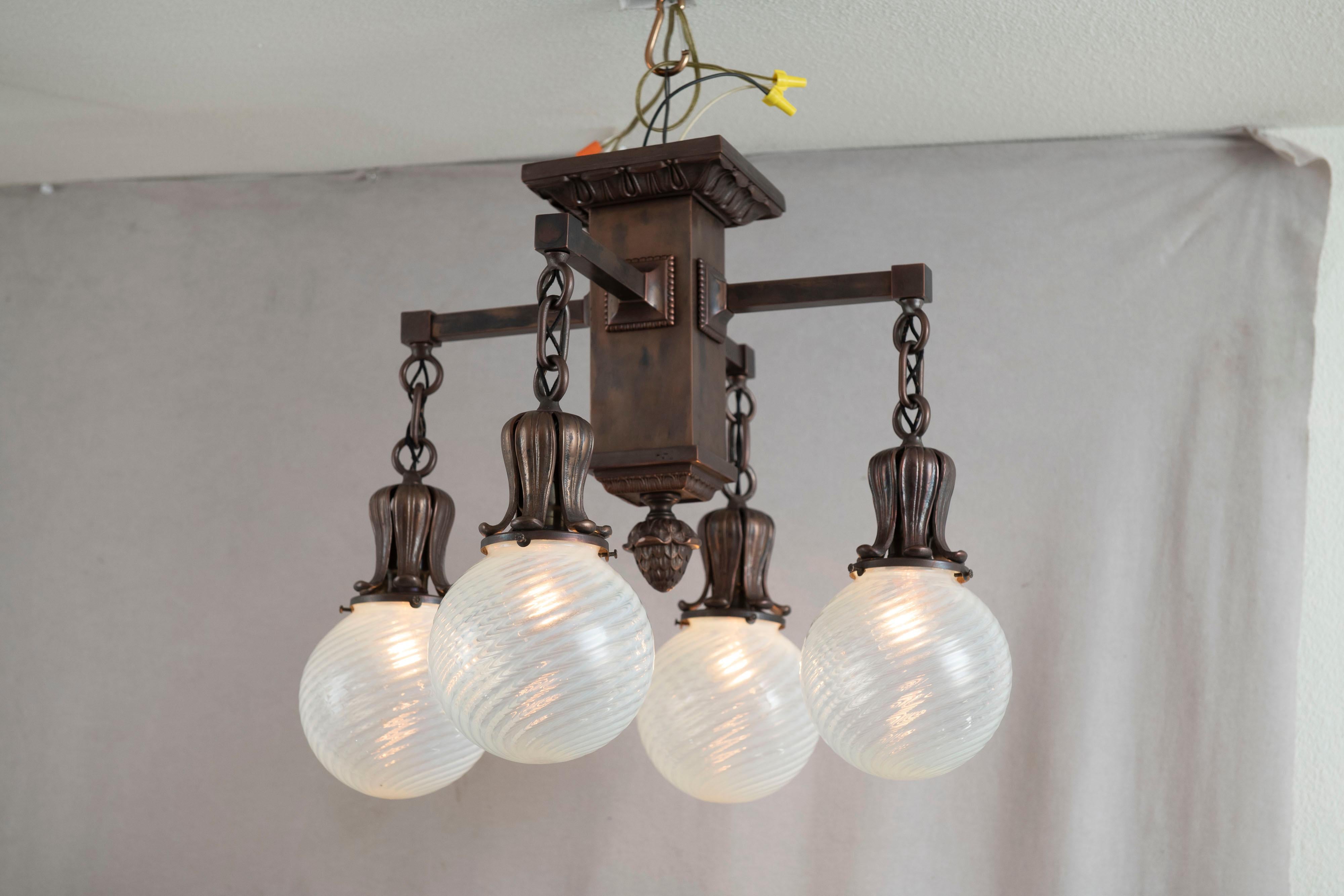 Cast 4 Arm Arts & Crafts Flush Mount Chandelier w/ 4 Hand Blown Glass Shades ca. 1910