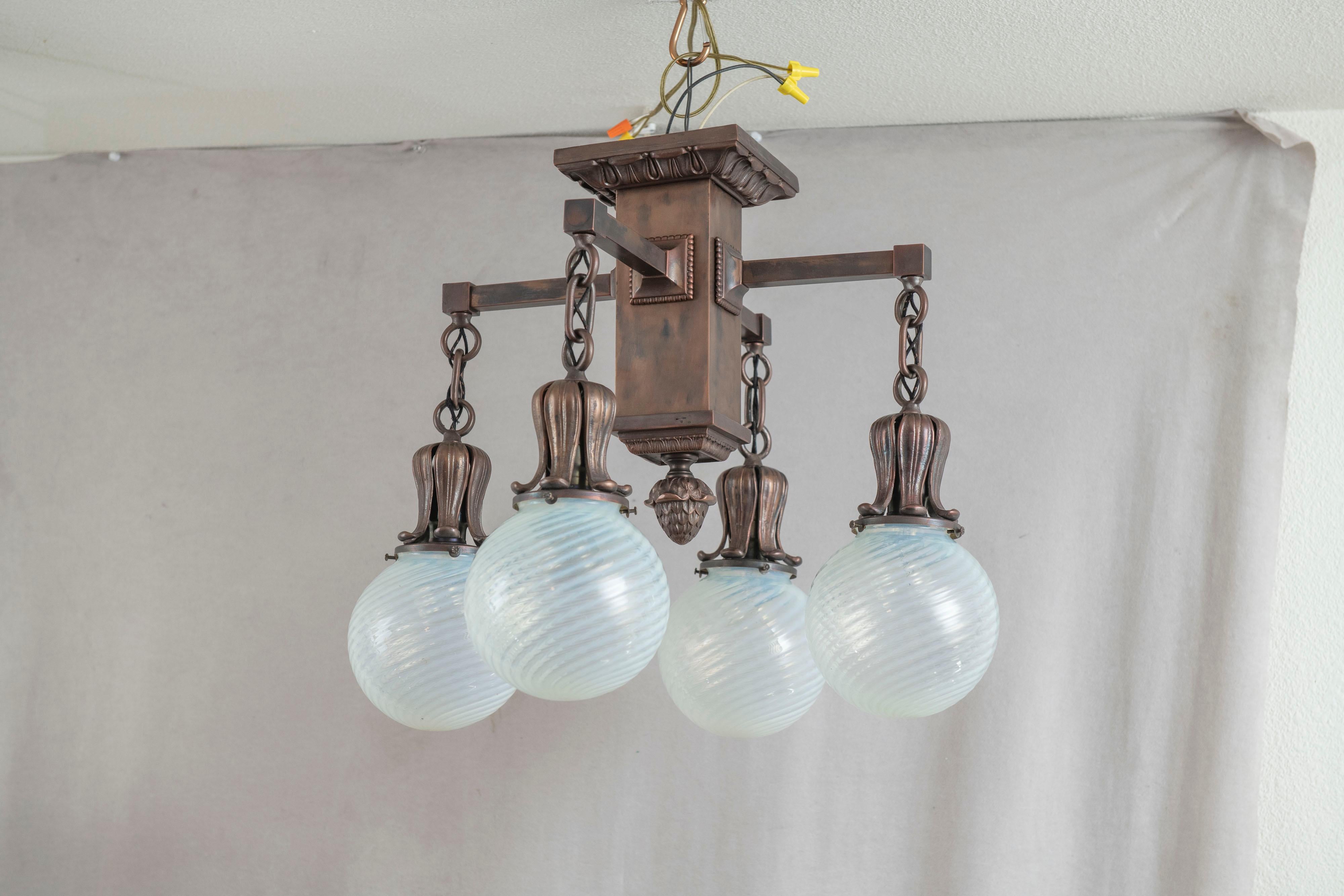 4 Arm Arts & Crafts Flush Mount Chandelier w/ 4 Hand Blown Glass Shades ca. 1910 In Good Condition In Petaluma, CA