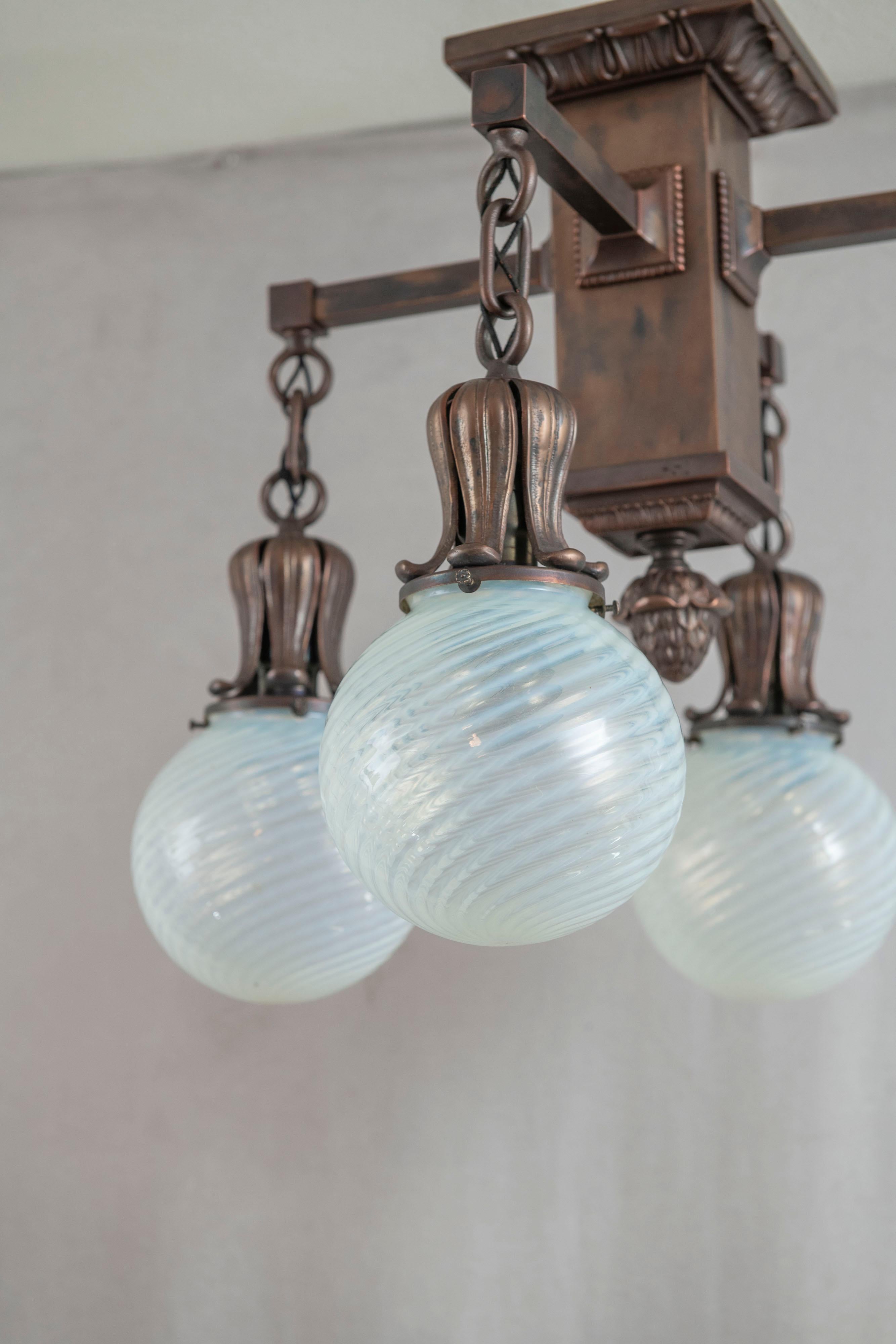 20th Century 4 Arm Arts & Crafts Flush Mount Chandelier w/ 4 Hand Blown Glass Shades ca. 1910