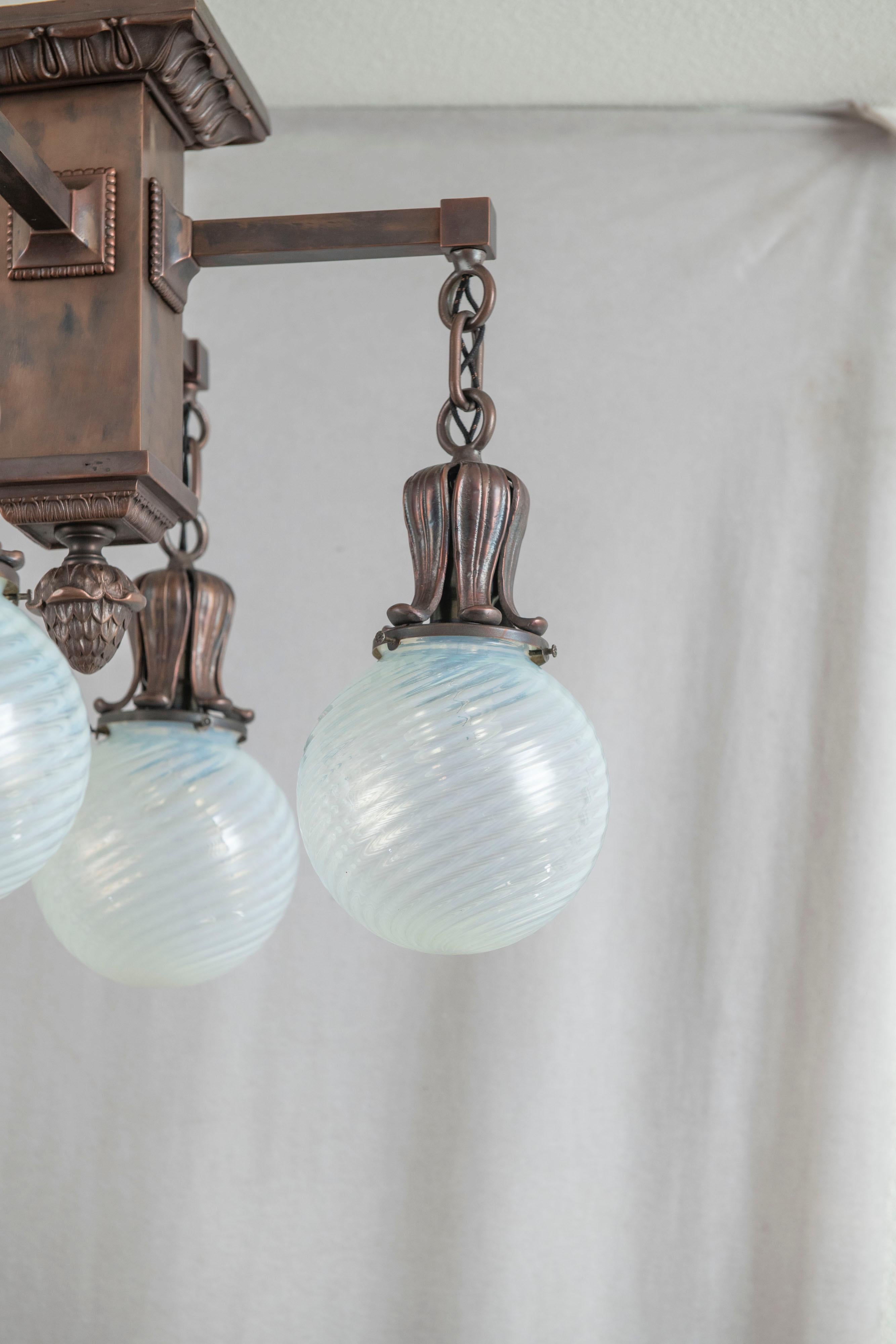 Bronze 4 Arm Arts & Crafts Flush Mount Chandelier w/ 4 Hand Blown Glass Shades ca. 1910