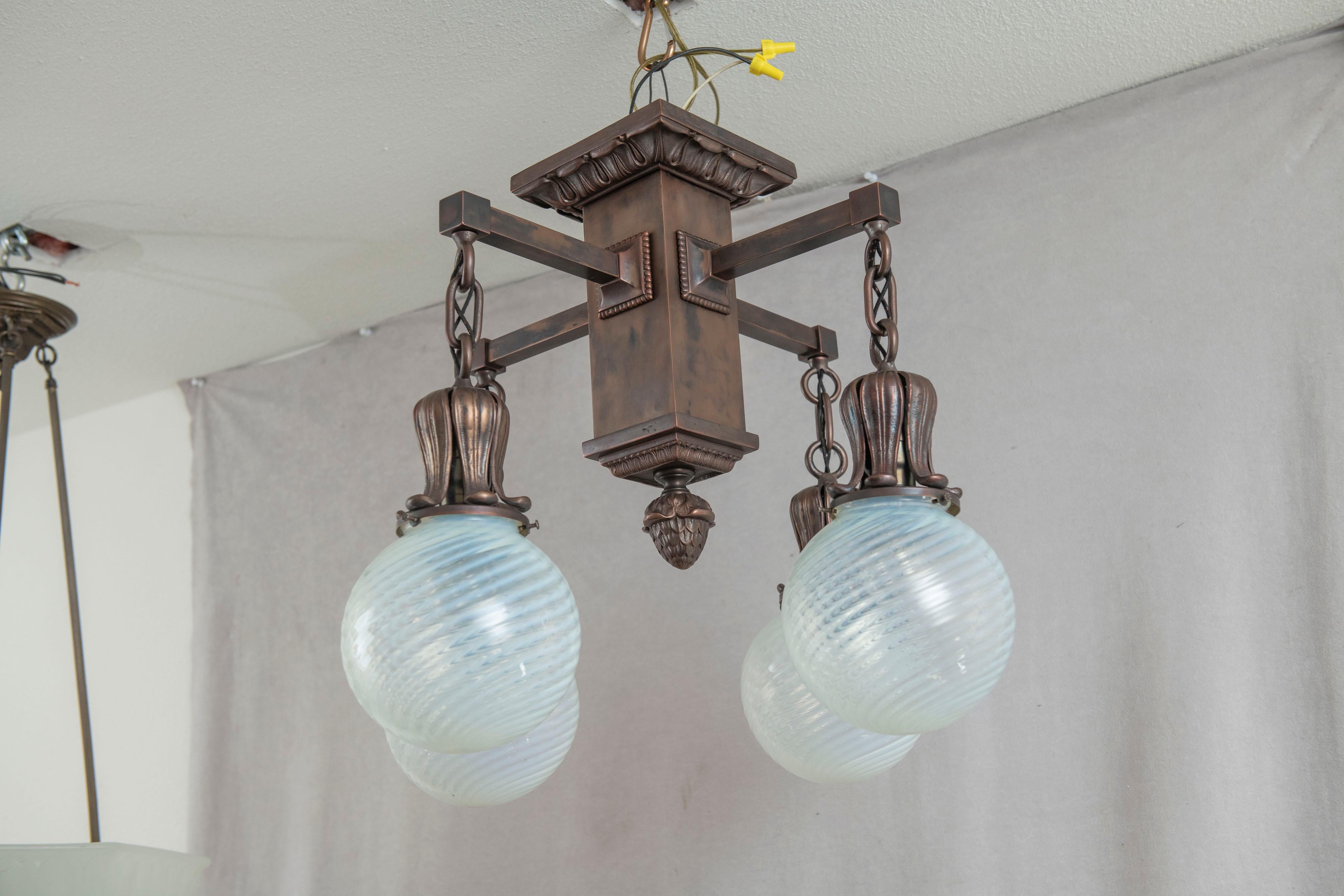 4 Arm Arts & Crafts Flush Mount Chandelier w/ 4 Hand Blown Glass Shades ca. 1910 1