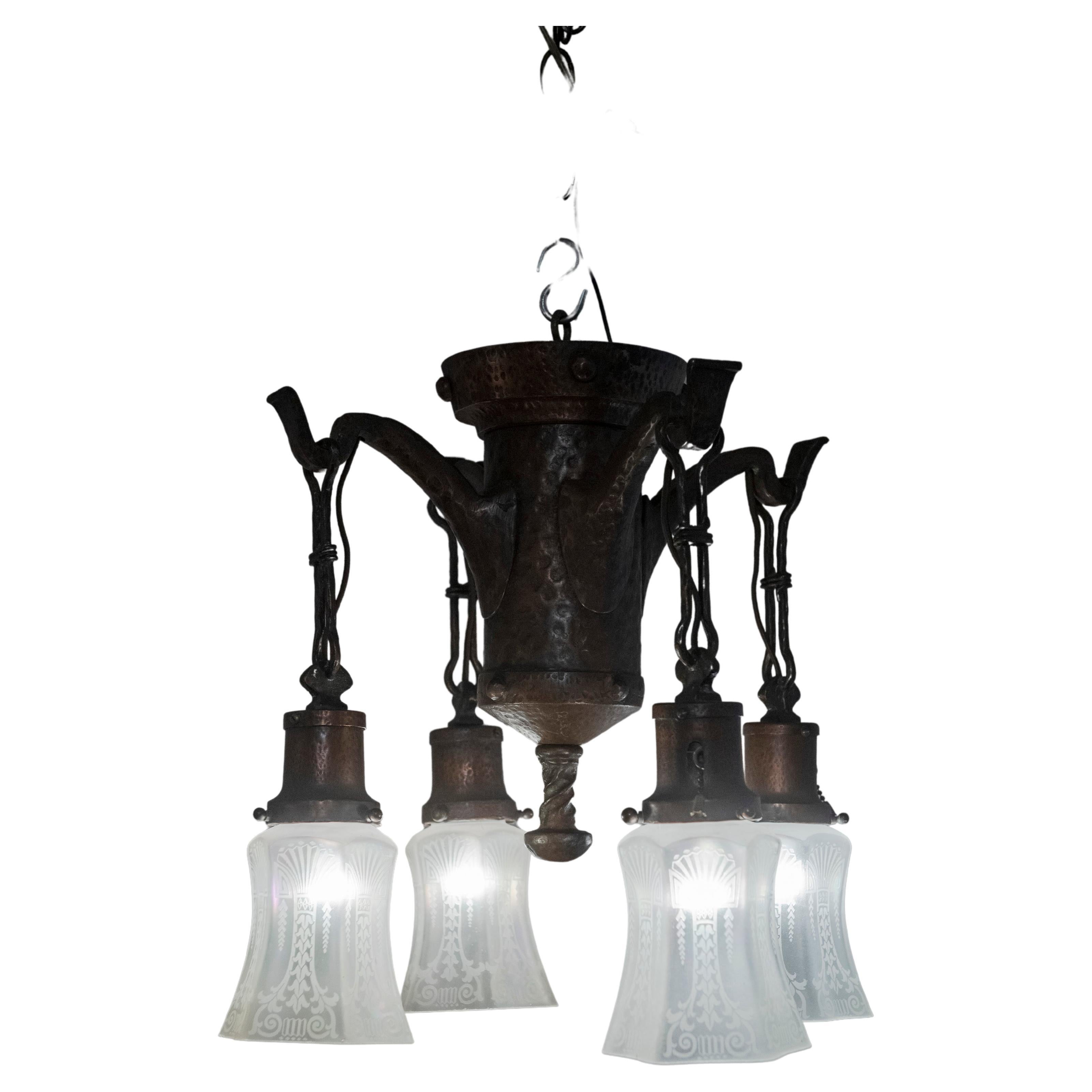 4 Arm Arts 
Crafts Flush Mount Chandelier w/Original Iridescent Shades ca. 1910