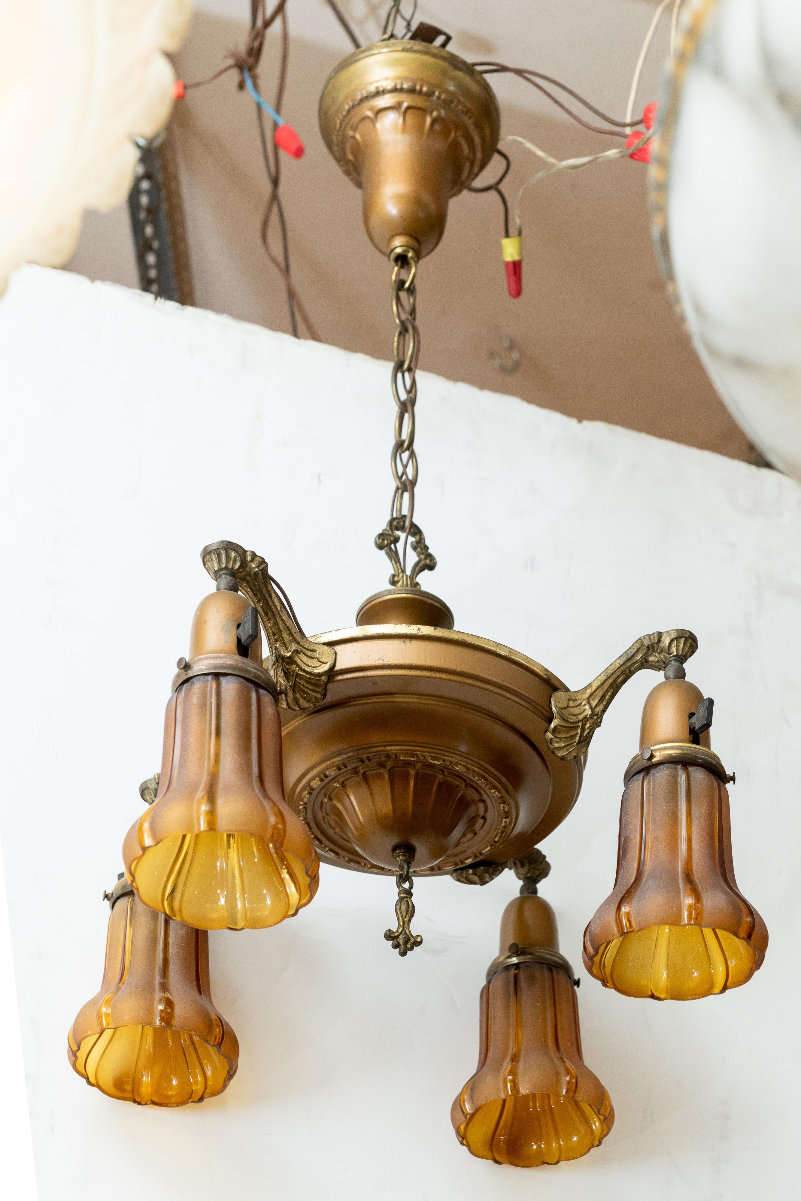 Arts and Crafts 4-Arm Chandelier with Original Glass Shades, circa 1920