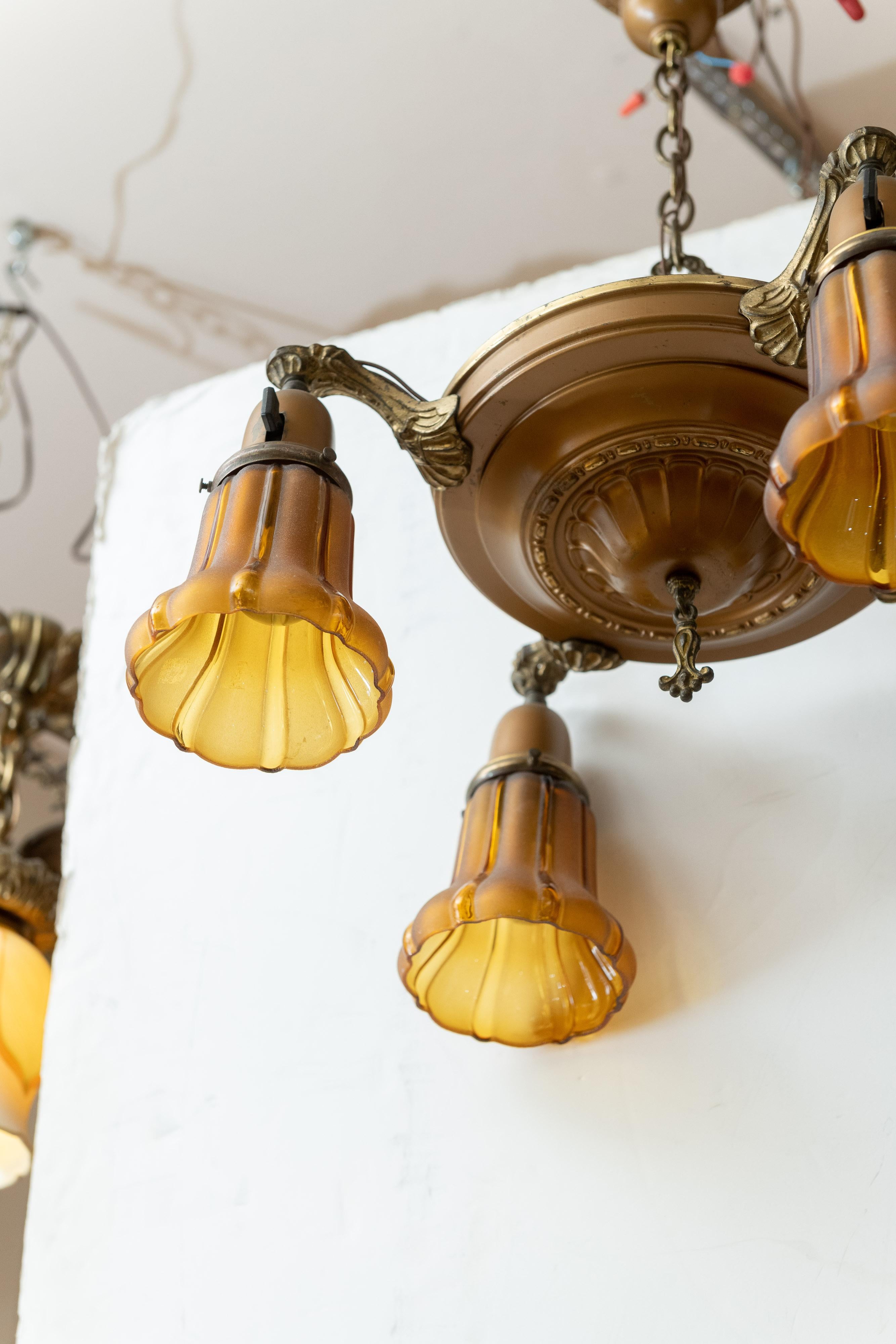 Molded 4-Arm Chandelier with Original Glass Shades, circa 1920