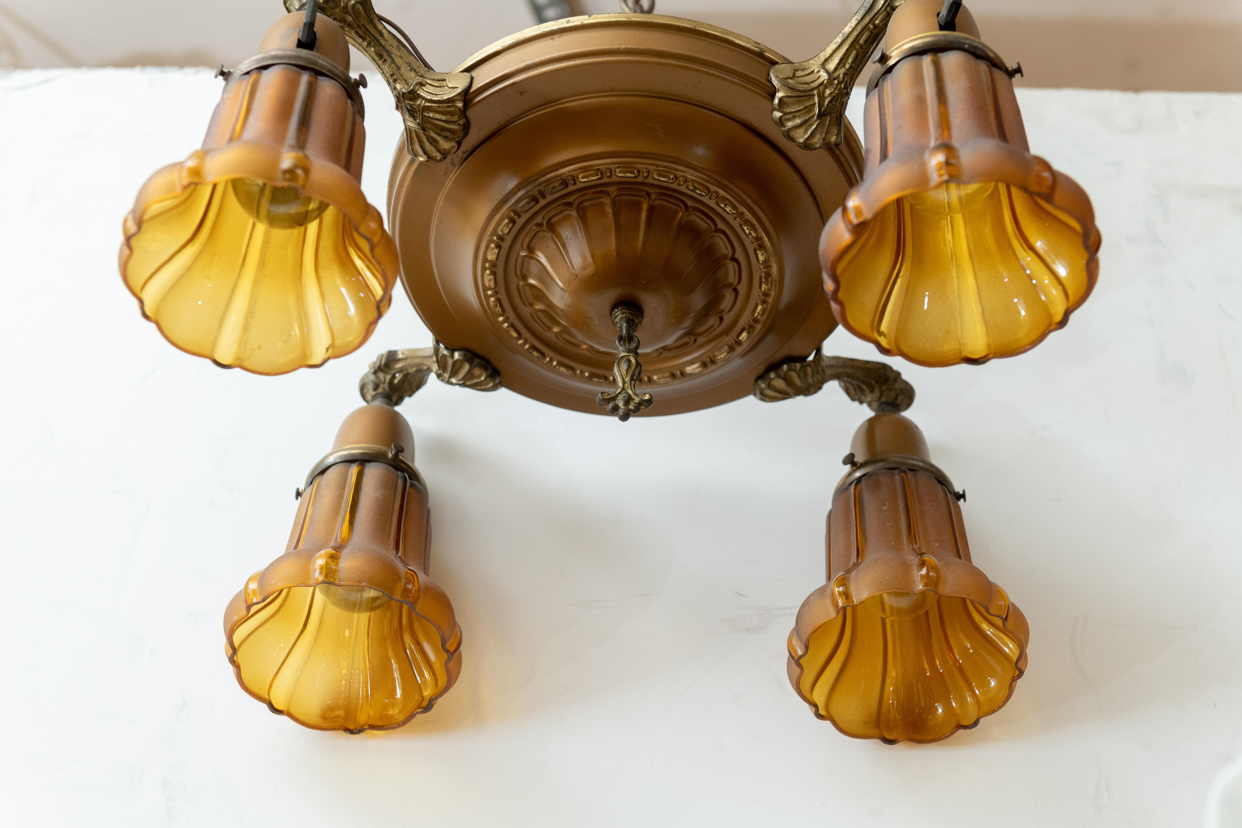 Early 20th Century 4-Arm Chandelier with Original Glass Shades, circa 1920