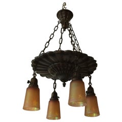 Antique 4-Arm Sheffield Style Chandelier with 4 Carnival Glass Shades, circa 1910