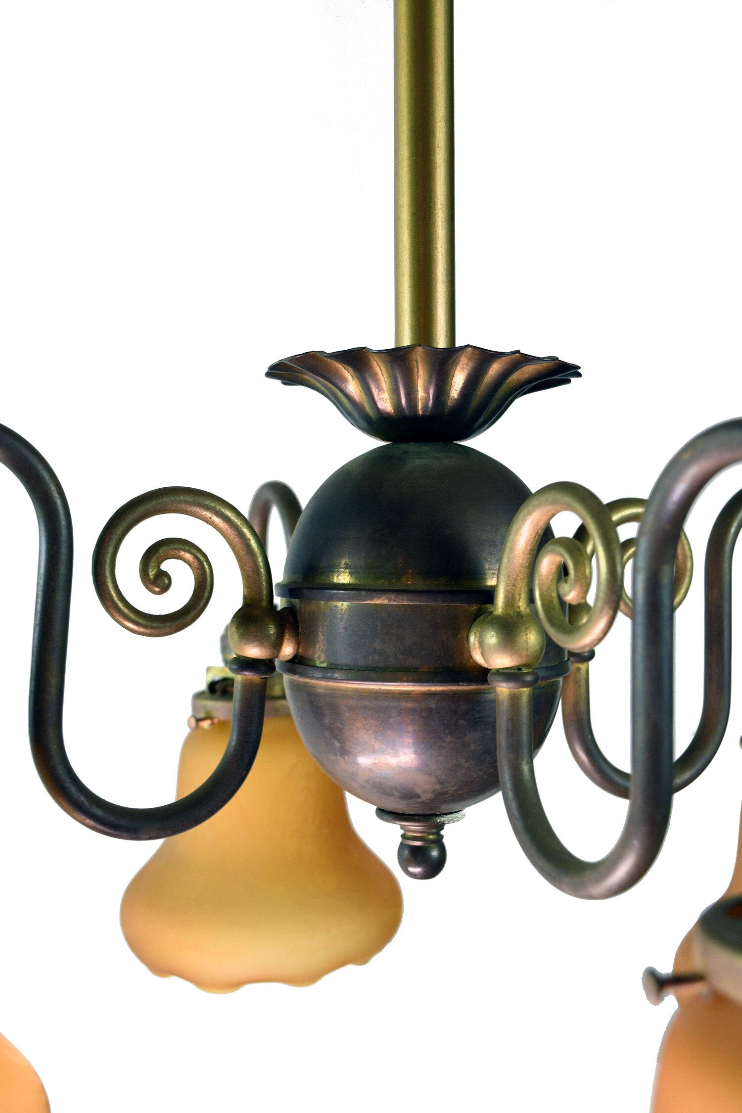 4 Arm Swirling Brass Fixture with Scalloped Shades In Good Condition In Minneapolis, MN