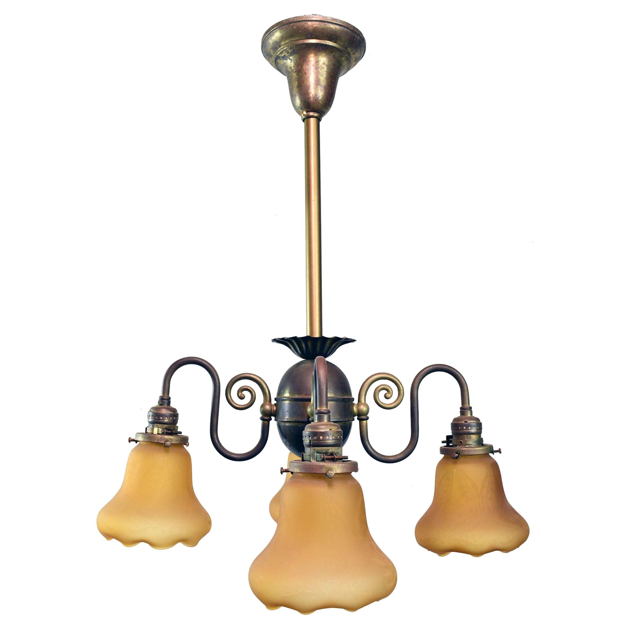 4 Arm Swirling Brass Fixture with Scalloped Shades