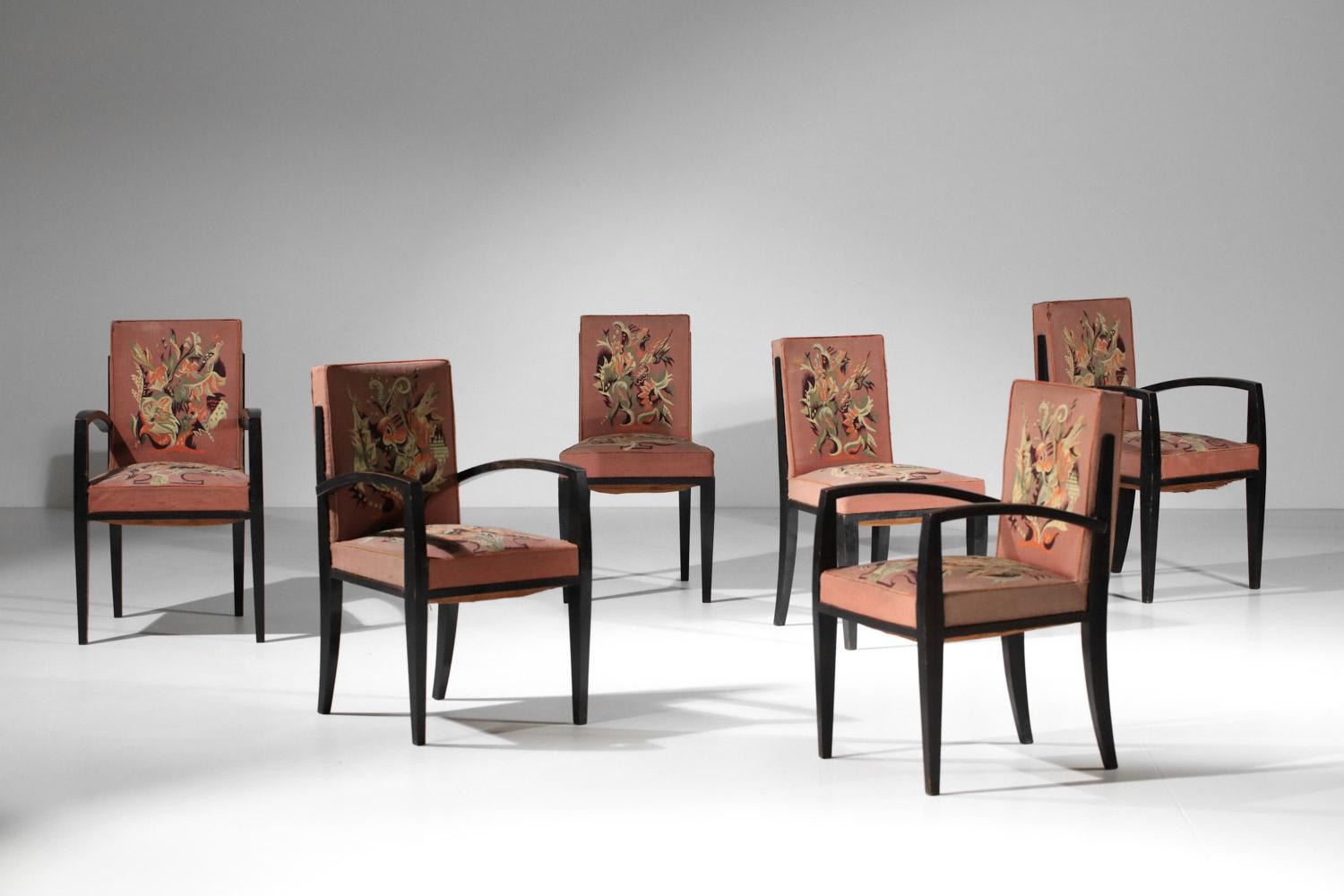 Lacquered 4 armchairs and 2 art deco chairs Aubusson tapestry by Maison Dominique