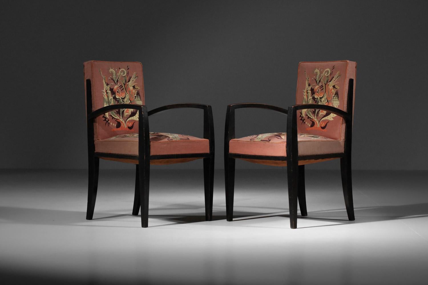 4 armchairs and 2 art deco chairs Aubusson tapestry by Maison Dominique In Fair Condition In Ternay, Auvergne-Rhône-Alpes