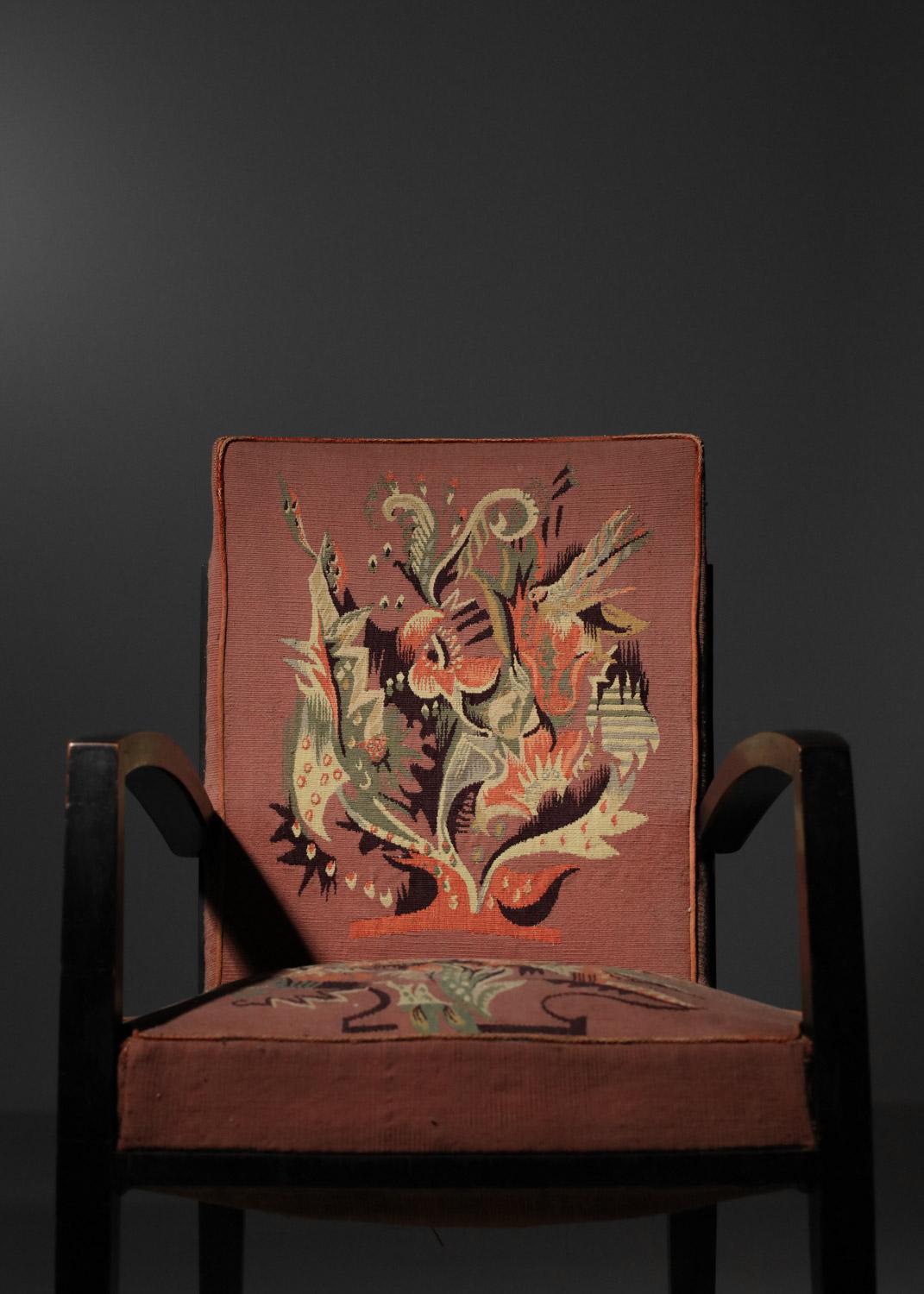4 armchairs and 2 art deco chairs Aubusson tapestry by Maison Dominique 6
