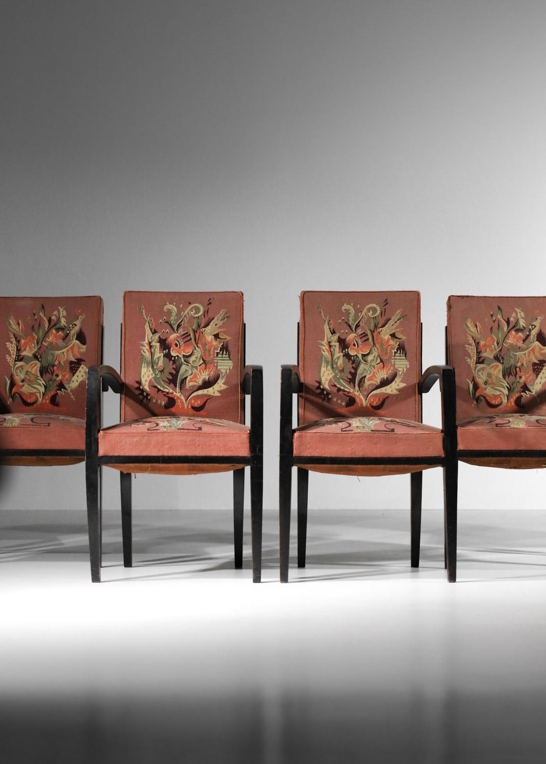 Mid-Century Modern 4 armchairs and 2 art deco chairs Aubusson tapestry by Maison Dominique