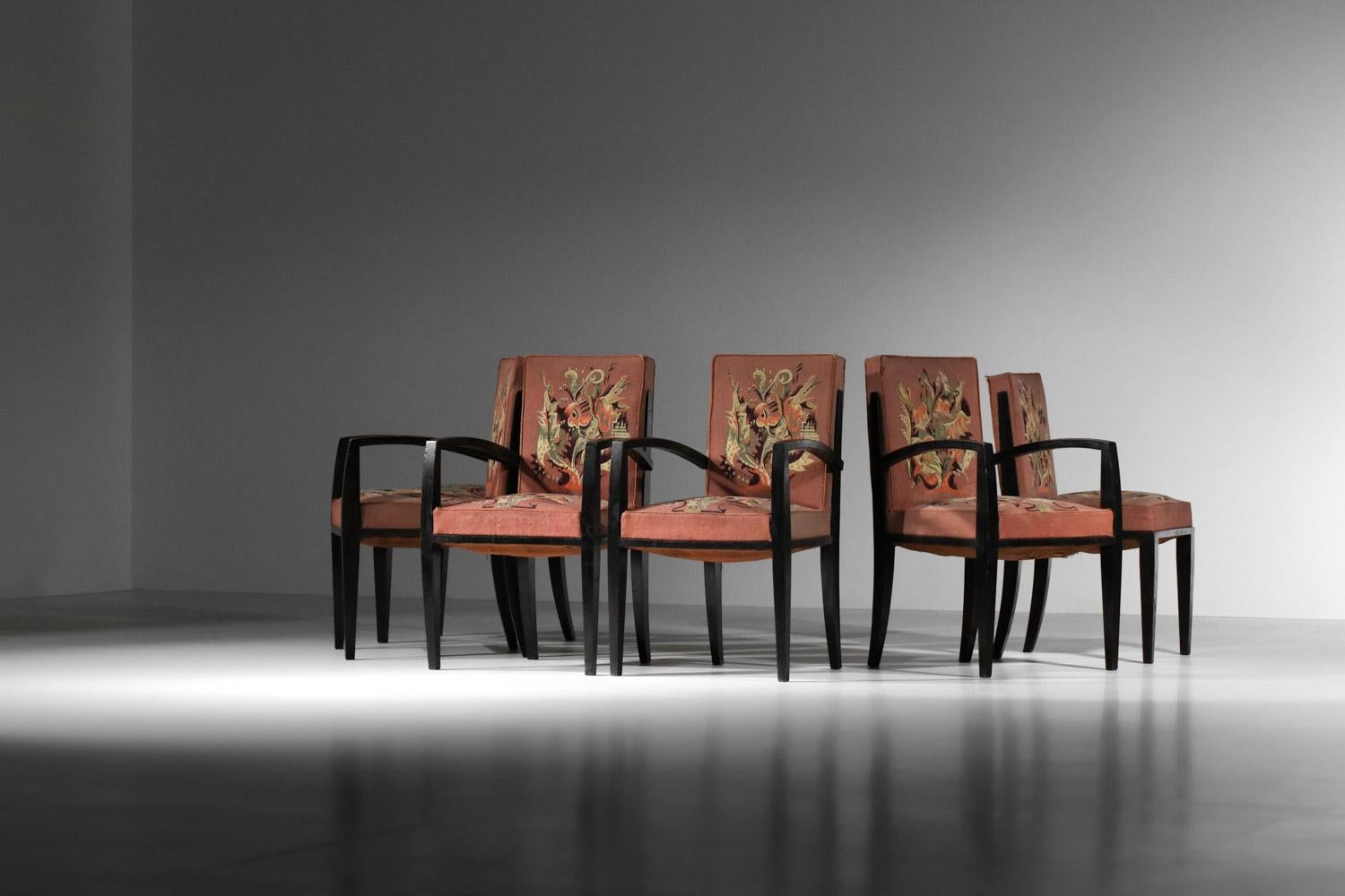 French 4 armchairs and 2 art deco chairs Aubusson tapestry by Maison Dominique