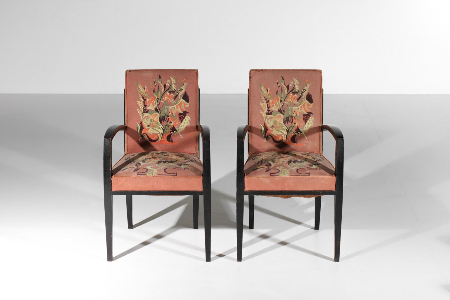 Mid-20th Century 4 armchairs and 2 art deco chairs Aubusson tapestry by Maison Dominique