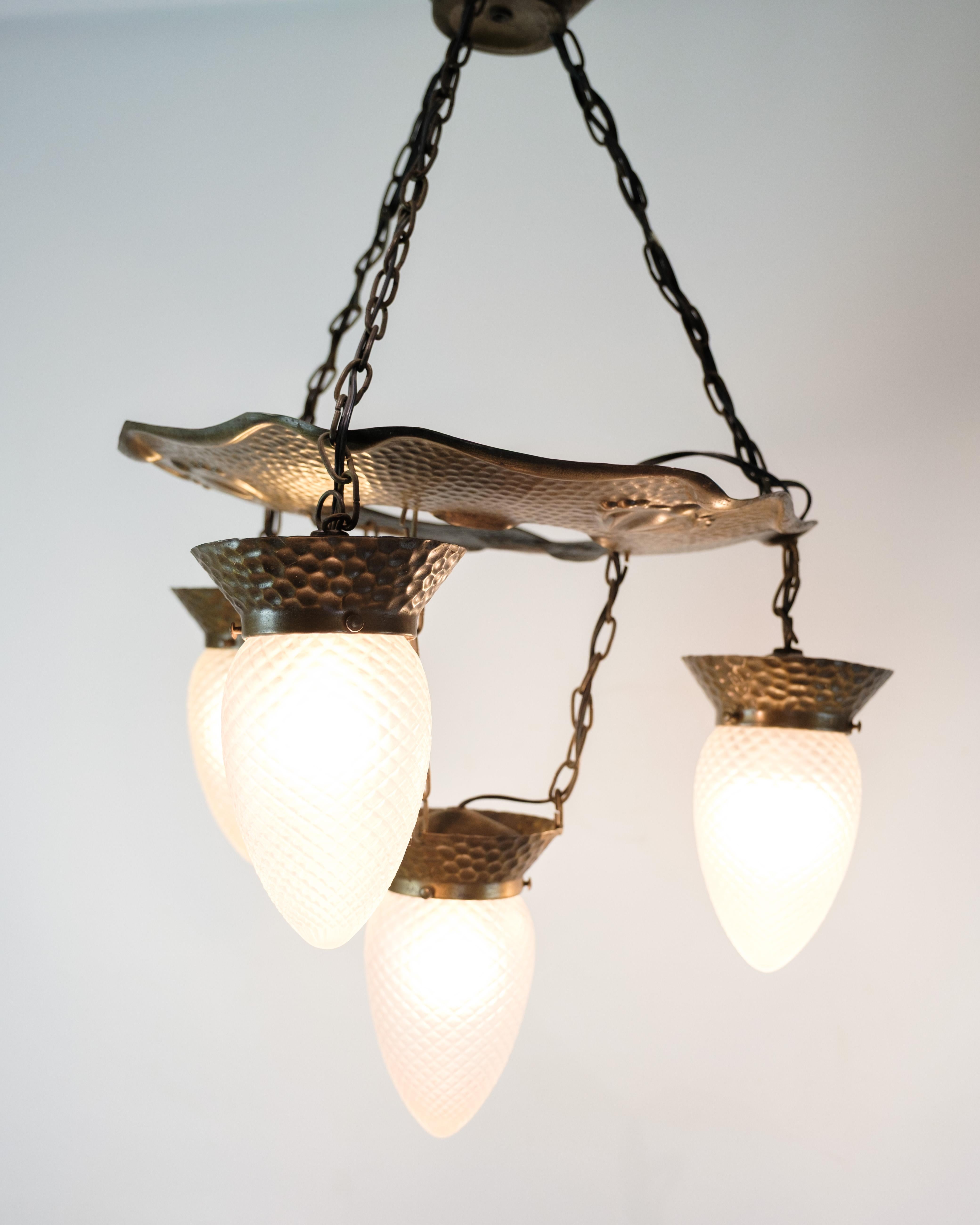 4 Armed Art Nouveau Chandelier In Patinated Hammered Brass & Teardrop Glass For Sale 5