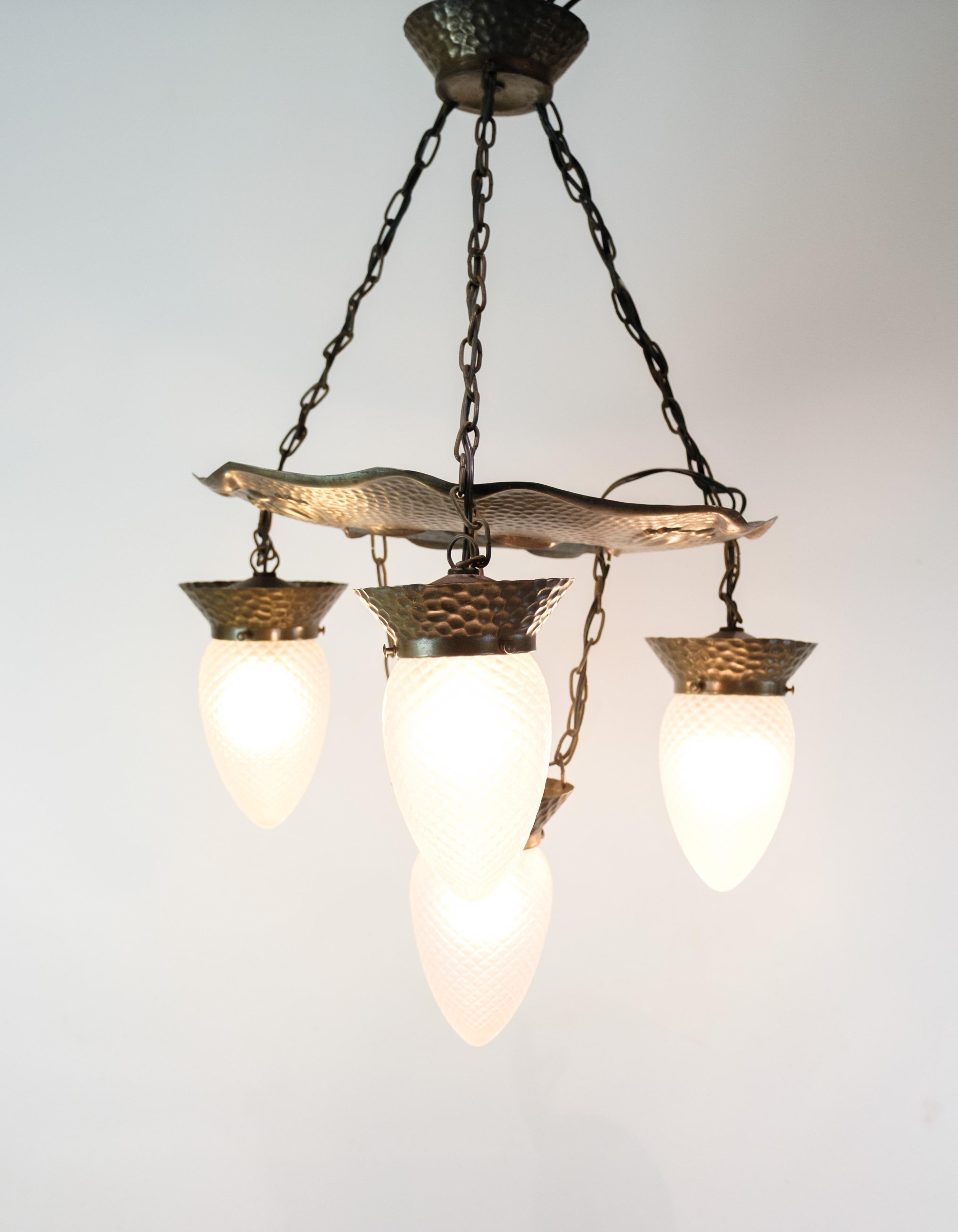 4 Armed Art Nouveau Chandelier In Patinated Hammered Brass & Teardrop Glass For Sale 6