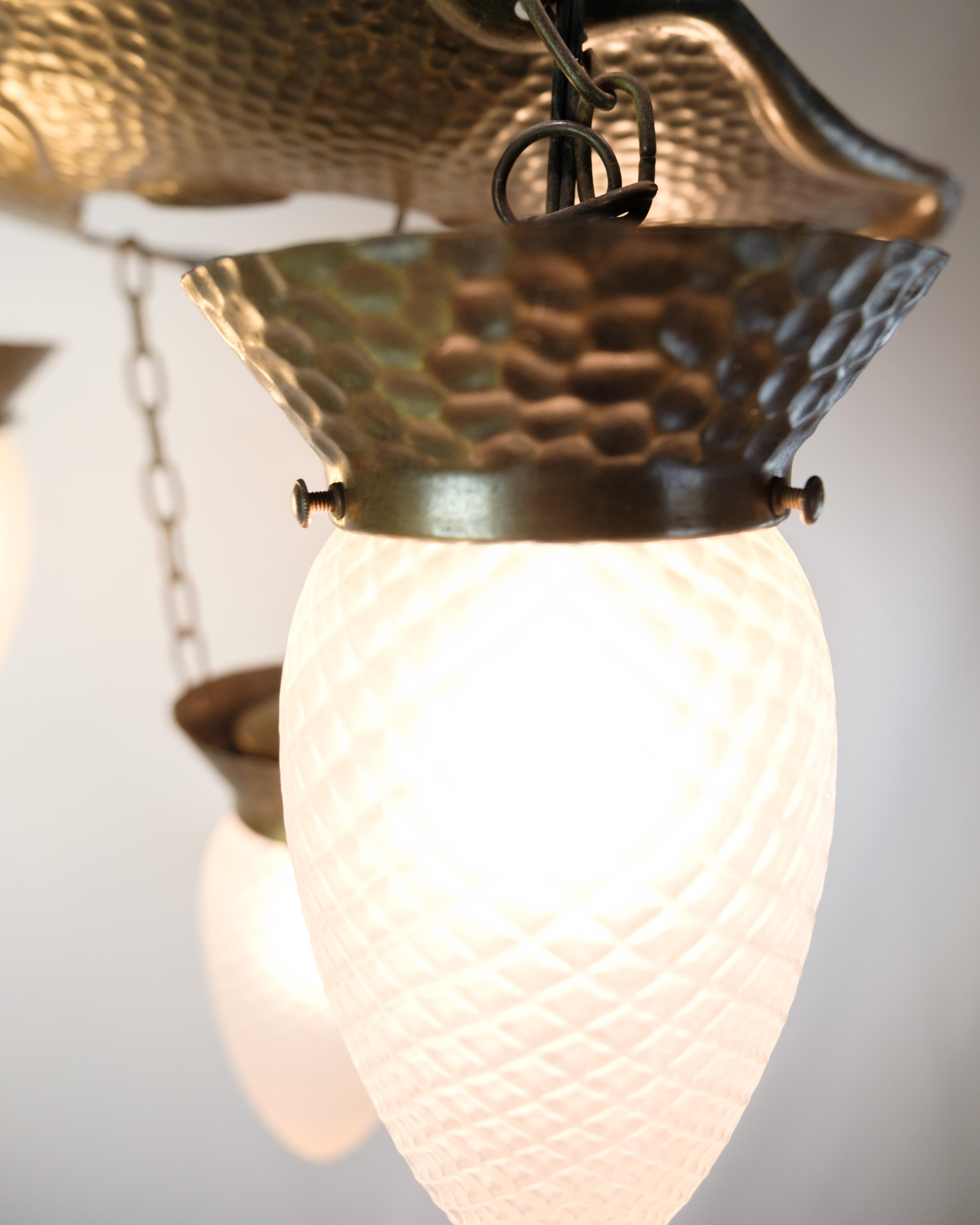 4 Armed Art Nouveau Chandelier In Patinated Hammered Brass & Teardrop Glass For Sale 7