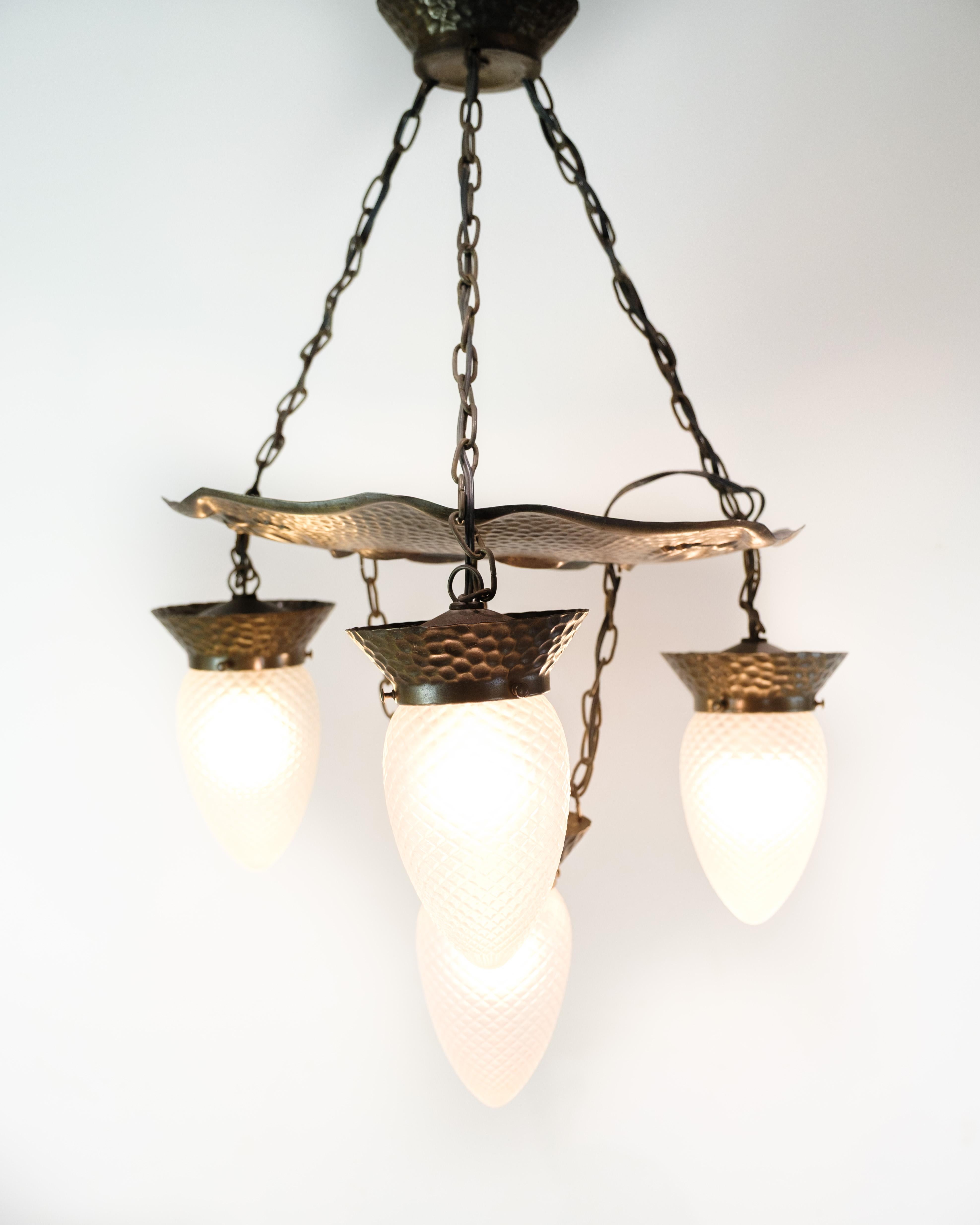 4 Armed Art Nouveau Chandelier In Patinated Hammered Brass & Teardrop Glass For Sale 2