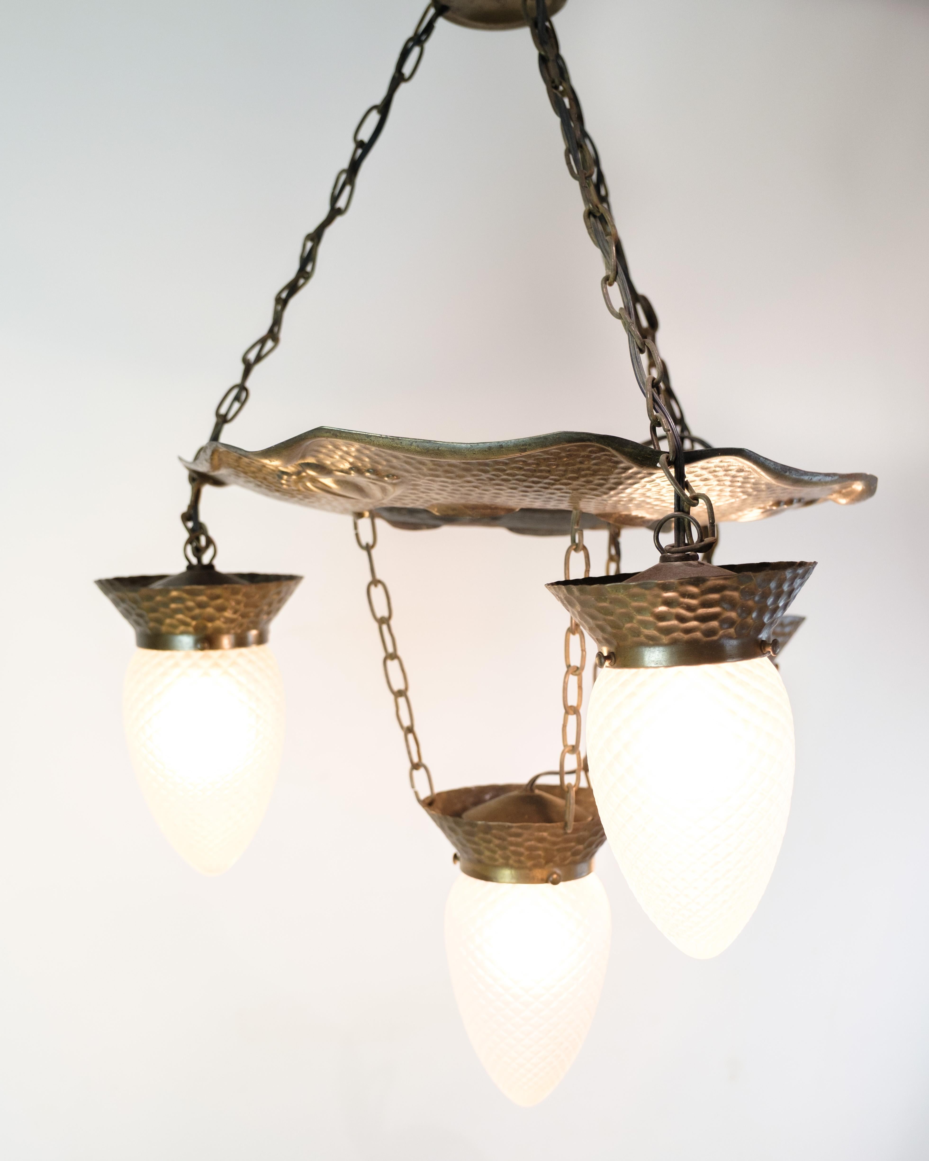 4 Armed Art Nouveau Chandelier In Patinated Hammered Brass & Teardrop Glass For Sale 3