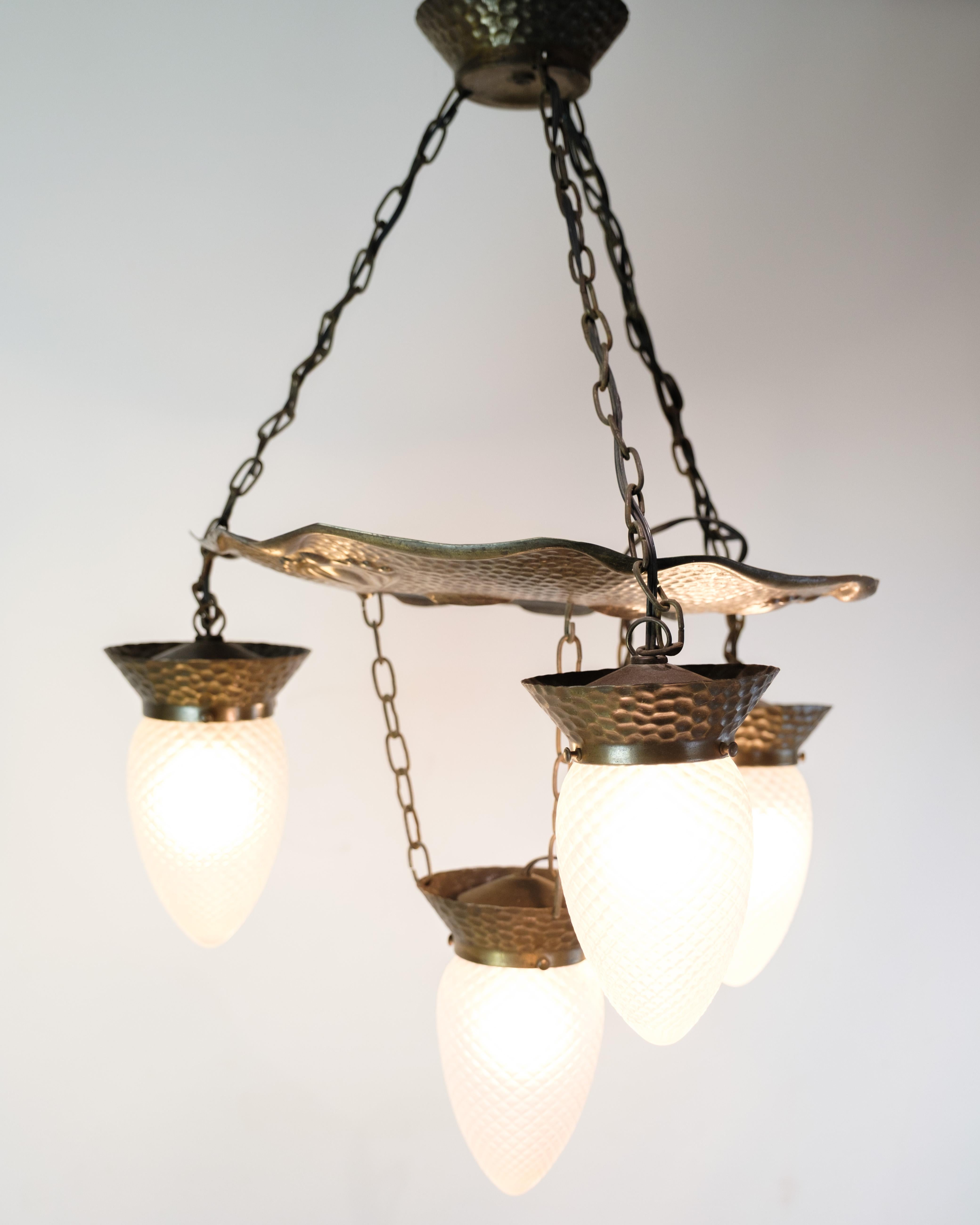 4 Armed Art Nouveau Chandelier In Patinated Hammered Brass & Teardrop Glass For Sale 4