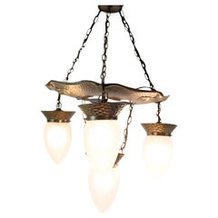 4 Armed Art Nouveau Chandelier In Patinated Hammered Brass & Teardrop Glass