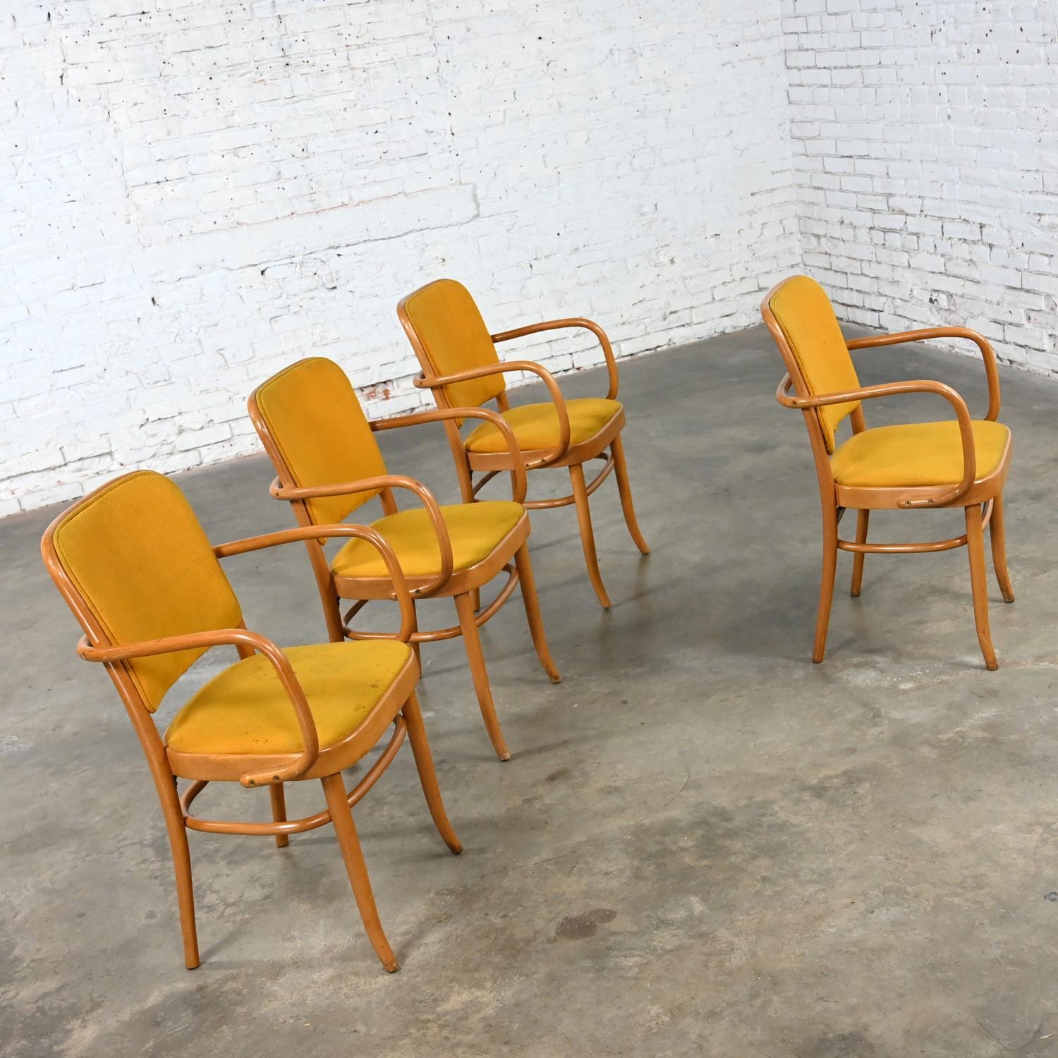 4 gebogene Bauhaus-Esszimmerstühle aus Buche und Bugholz J Hoffman Prag 811 im Stil Thonet im Angebot 1