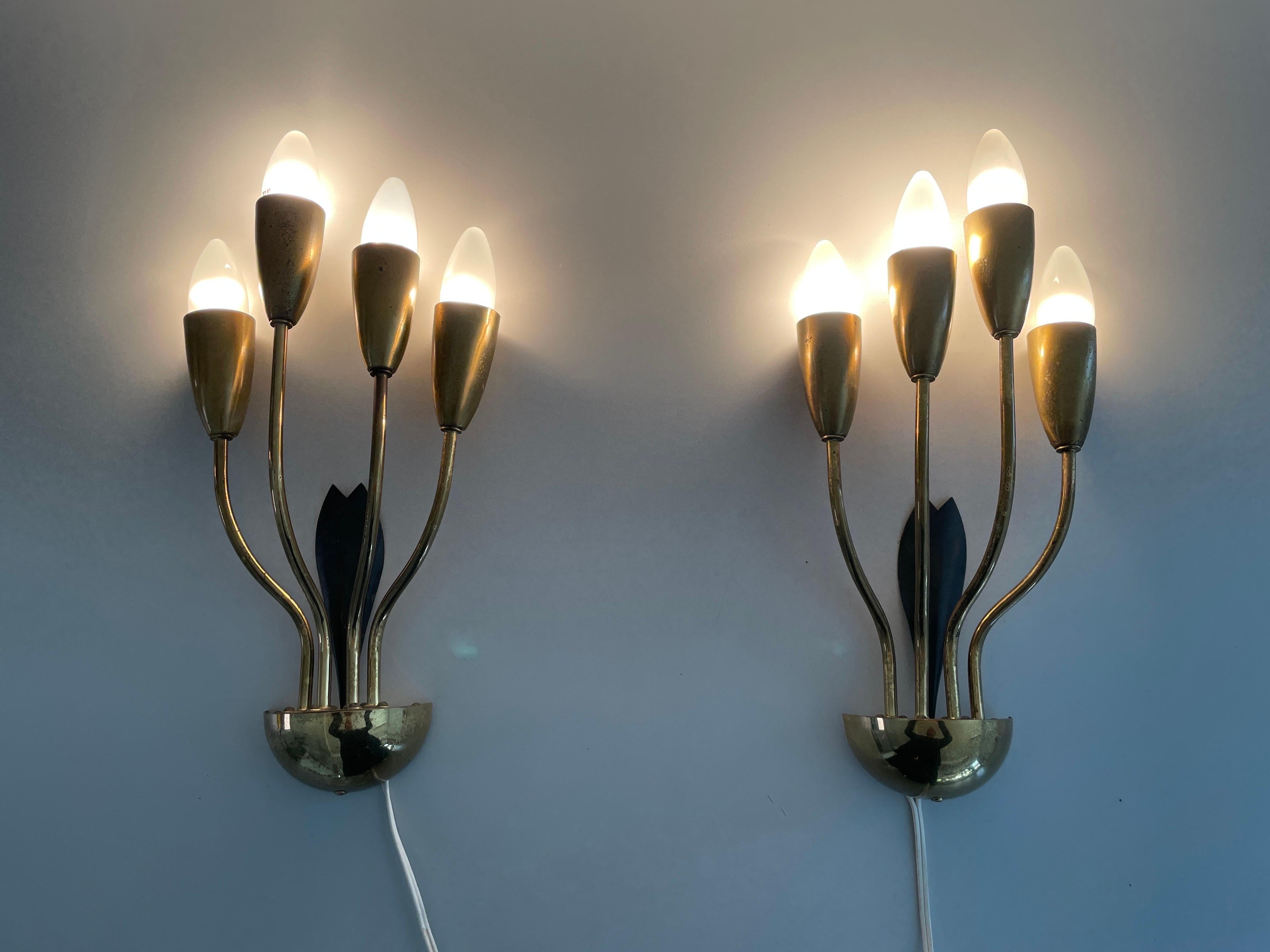 4-armed Flower Design Brass Sputnik Pair of Sconces, 1950s, Germany For Sale 4