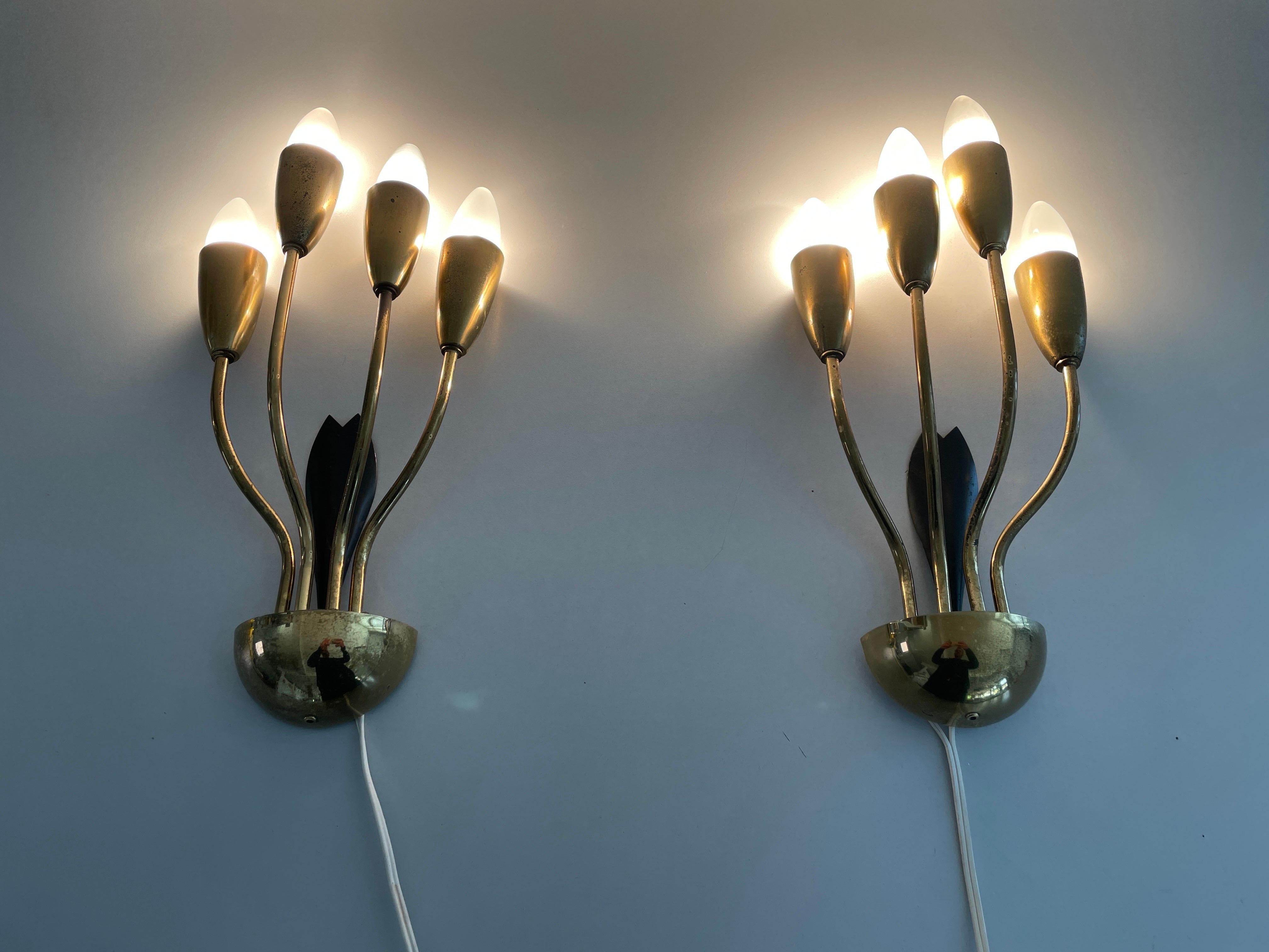 4-armed Flower Design Brass Sputnik Pair of Sconces, 1950s, Germany For Sale 5