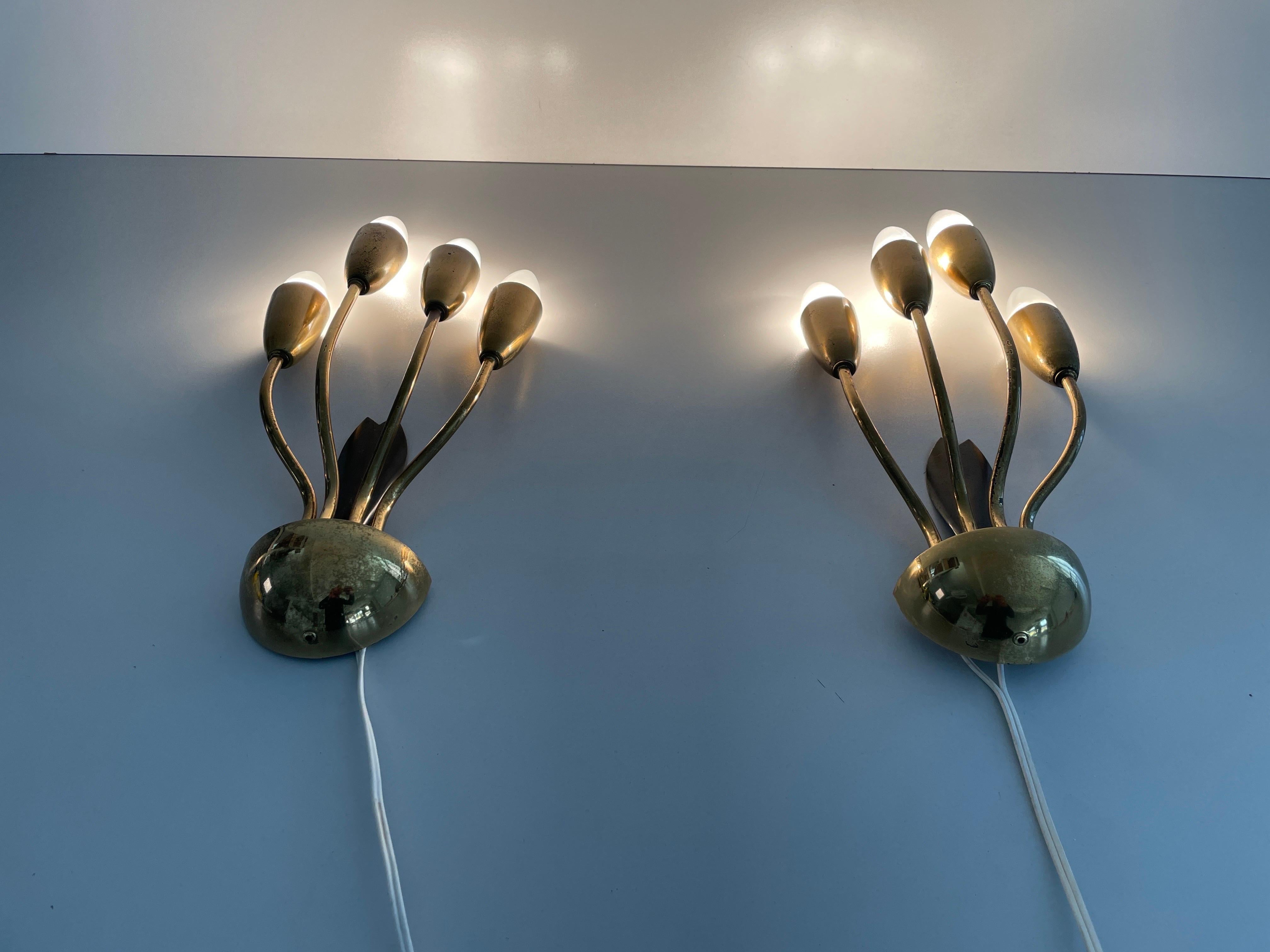 4-armed Flower Design Brass Sputnik Pair of Sconces, 1950s, Germany For Sale 6