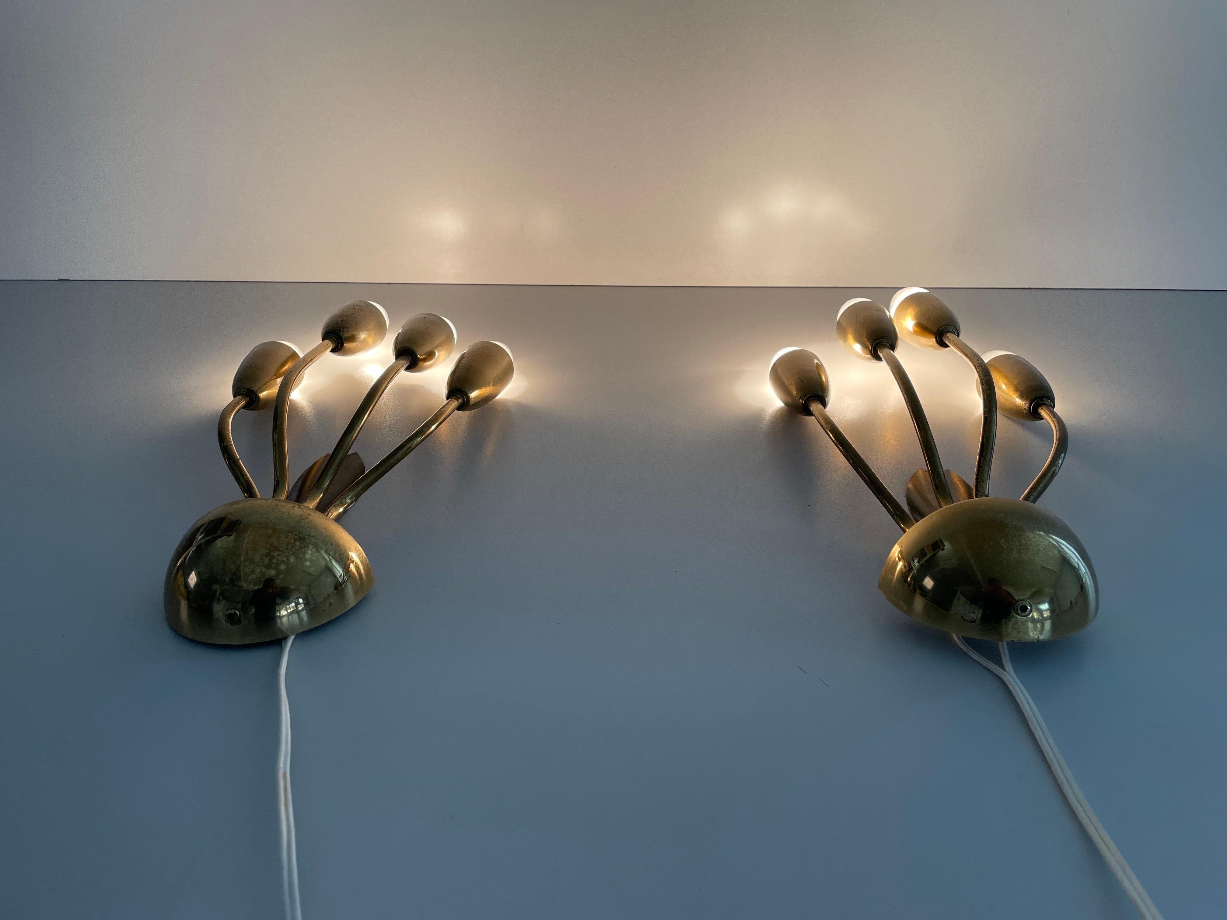 4-armed Flower Design Brass Sputnik Pair of Sconces, 1950s, Germany For Sale 8