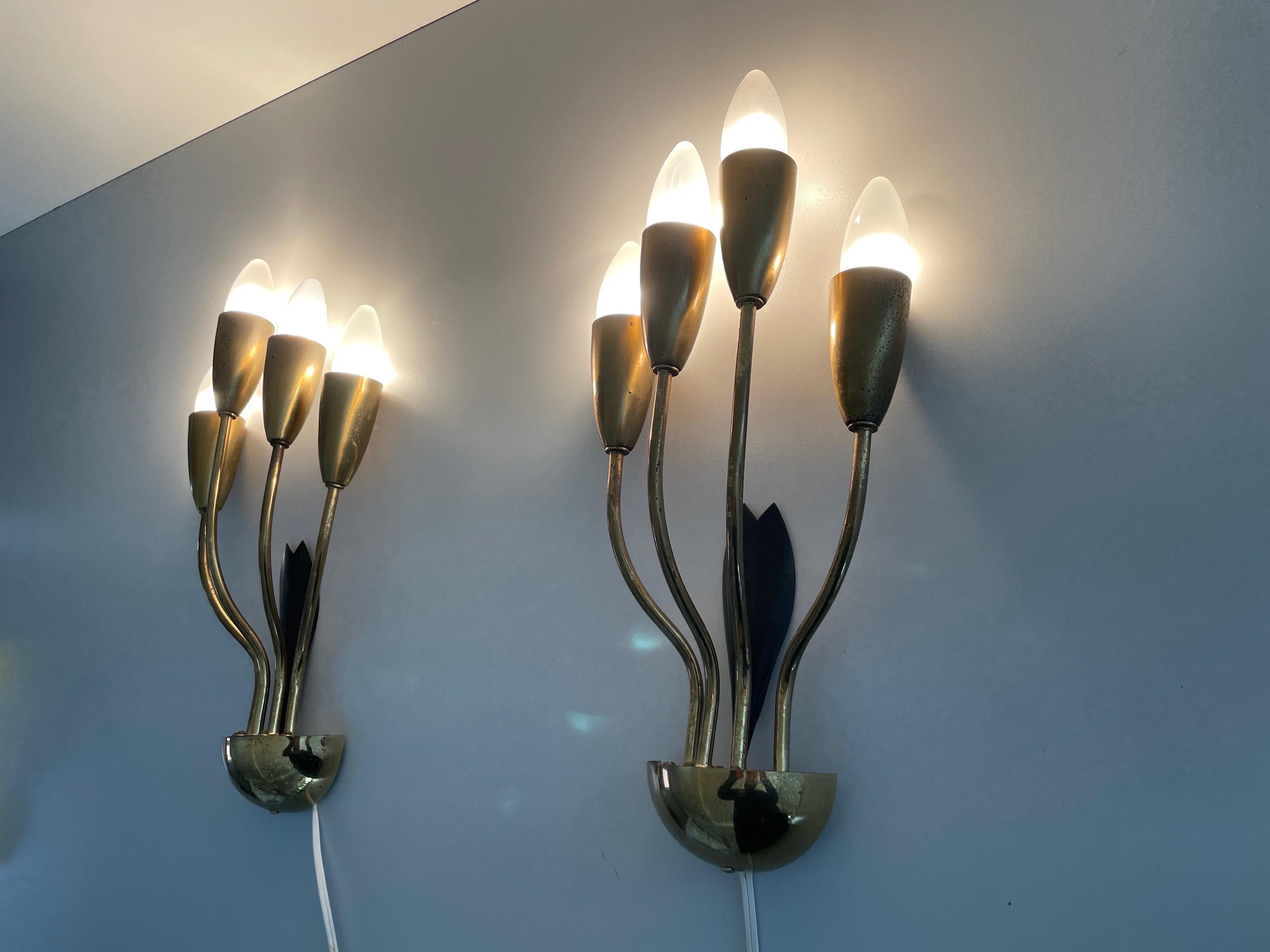 4-armed Flower Design Brass Sputnik Pair of Sconces, 1950s, Germany For Sale 9