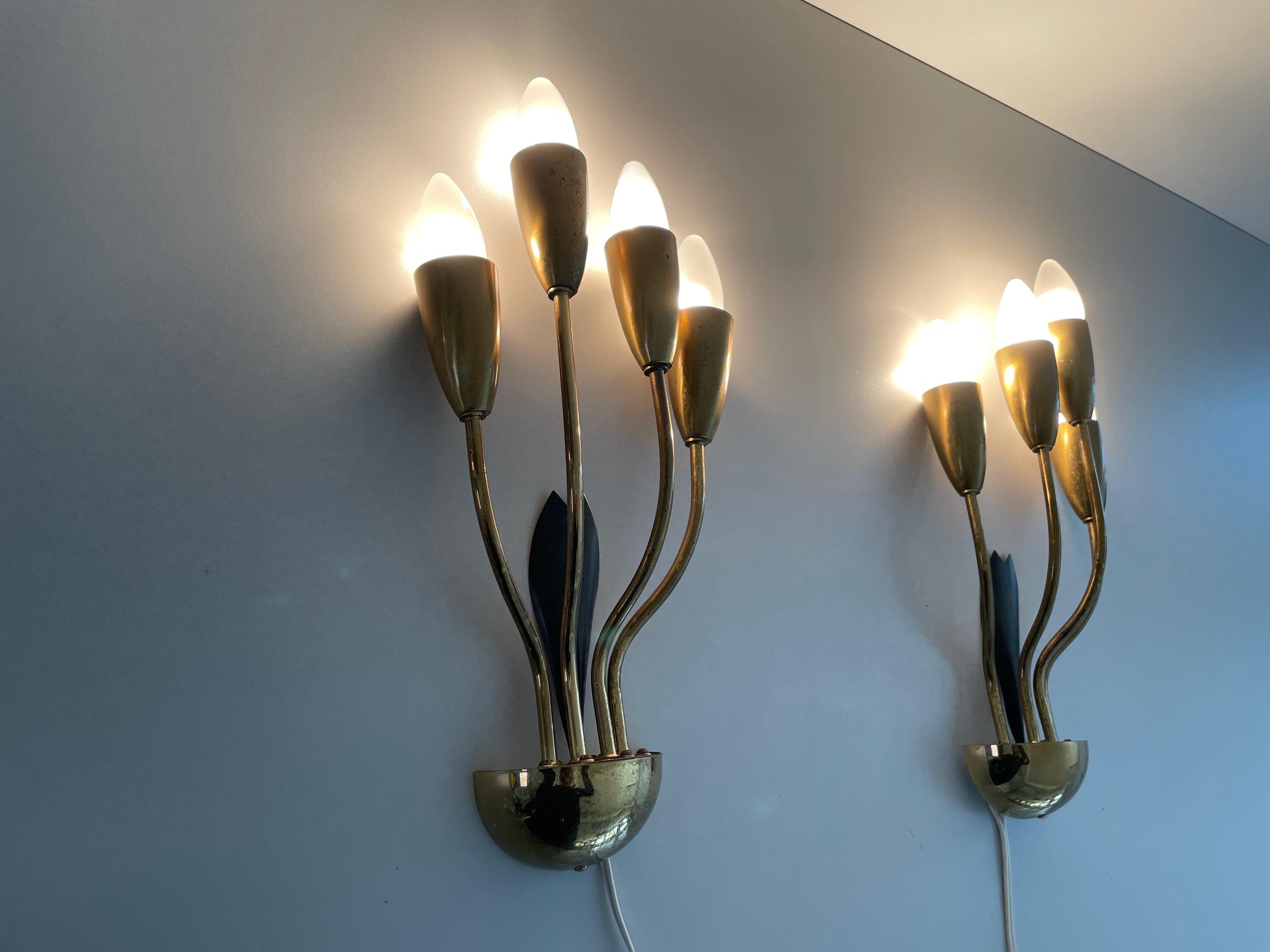 4-armed Flower Design Brass Sputnik Pair of Sconces, 1950s, Germany For Sale 10