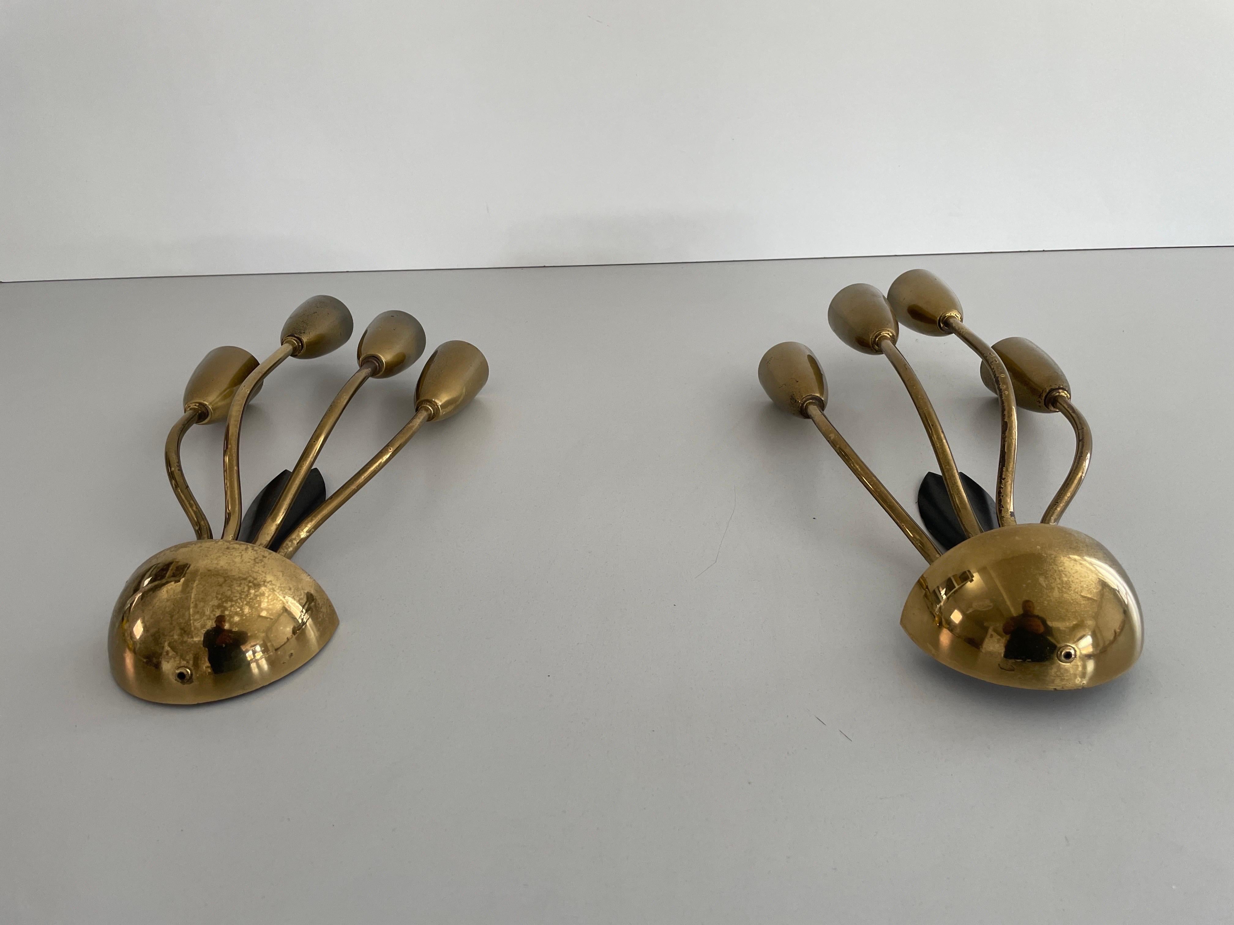Mid-Century Modern 4-armed Flower Design Brass Sputnik Pair of Sconces, 1950s, Germany For Sale