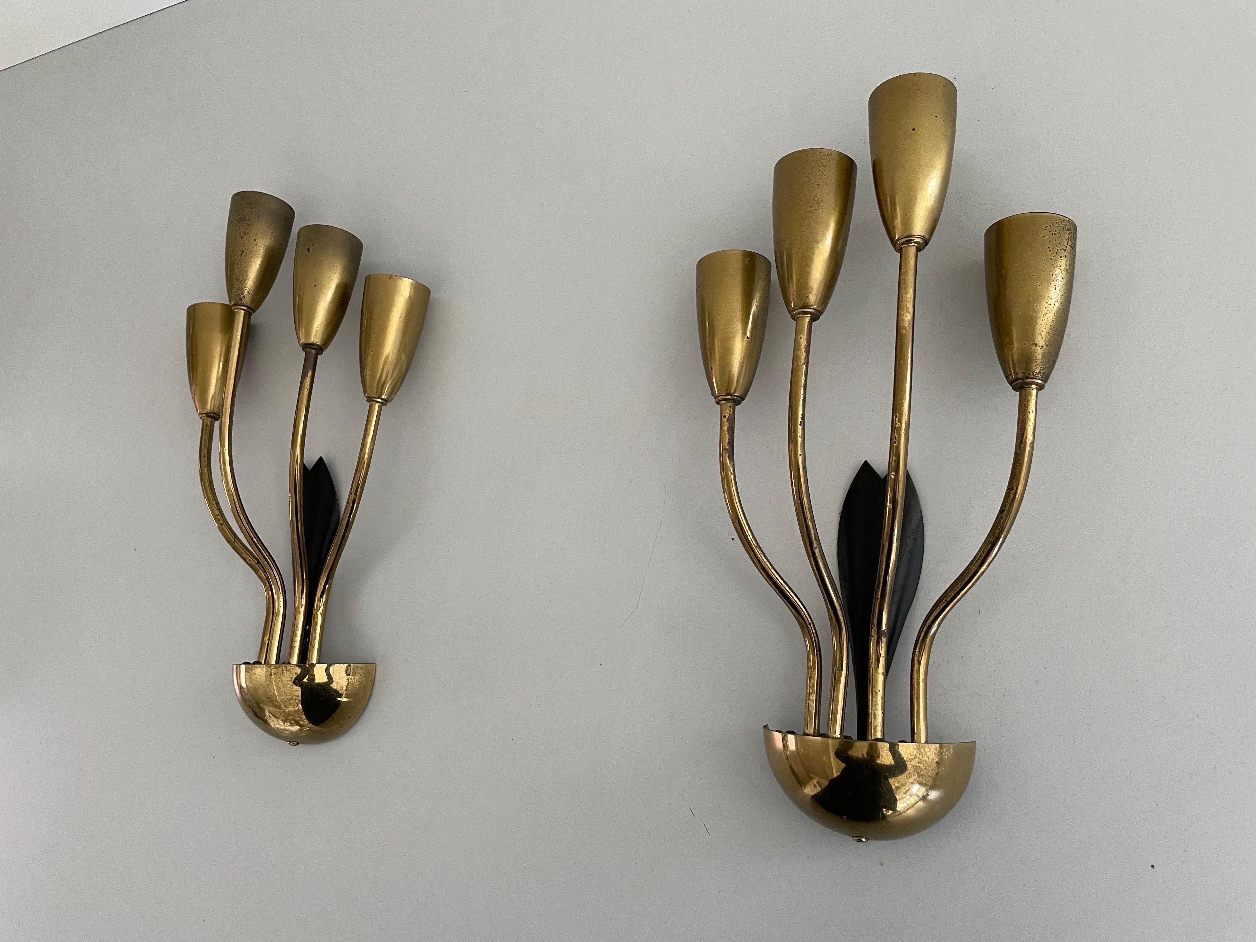 Mid-20th Century 4-armed Flower Design Brass Sputnik Pair of Sconces, 1950s, Germany For Sale