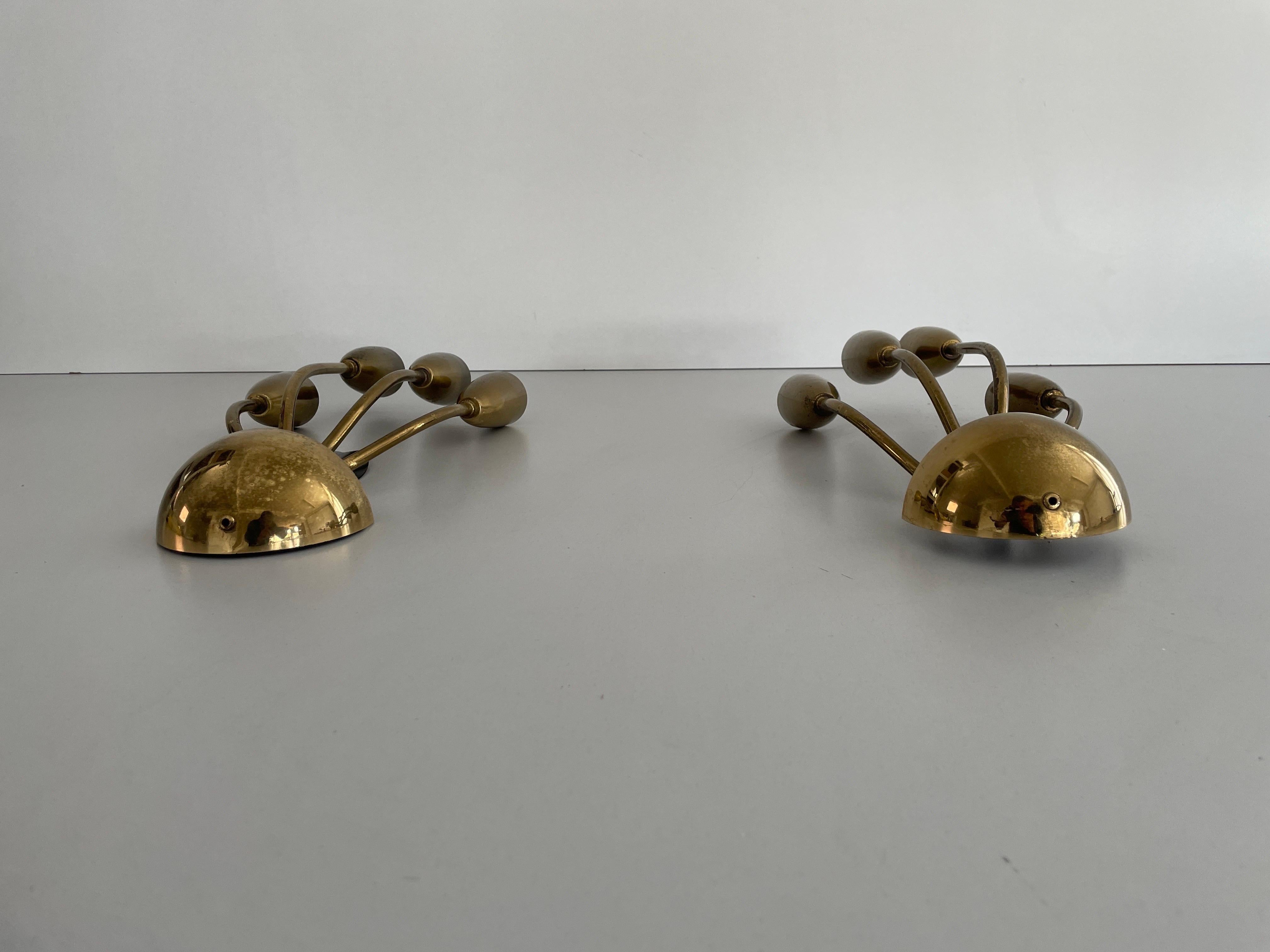 4-armed Flower Design Brass Sputnik Pair of Sconces, 1950s, Germany For Sale 3