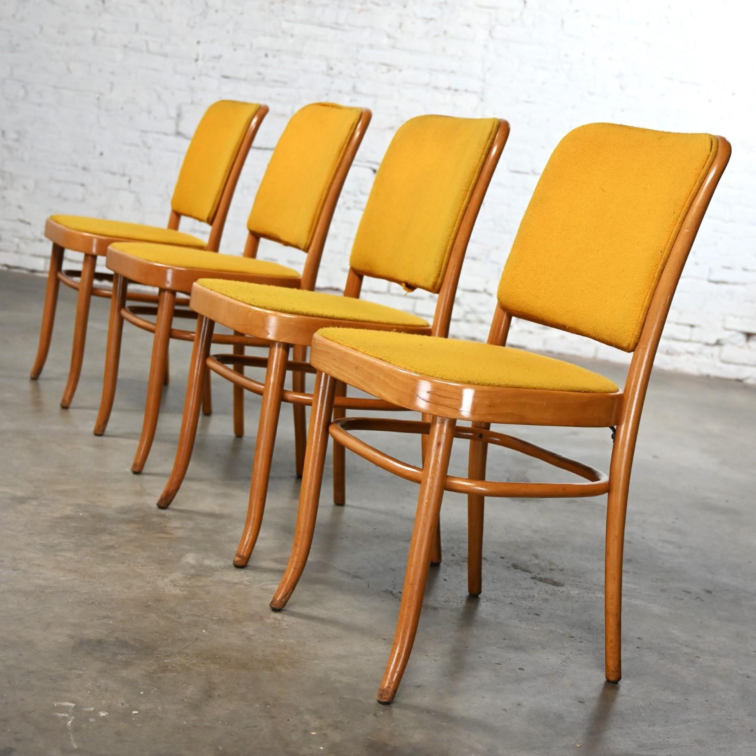 4 Armless Bauhaus Beech Bentwood Hoffman Prague 811 Dining Chairs Style Thonet In Good Condition For Sale In Topeka, KS